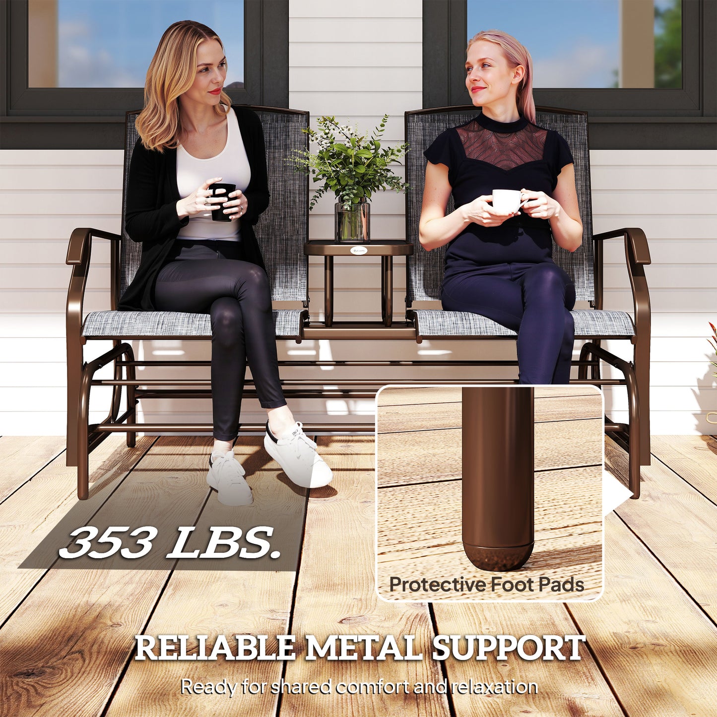 2-Seat Outdoor Glider Swing with Center Coffee Table - Brown