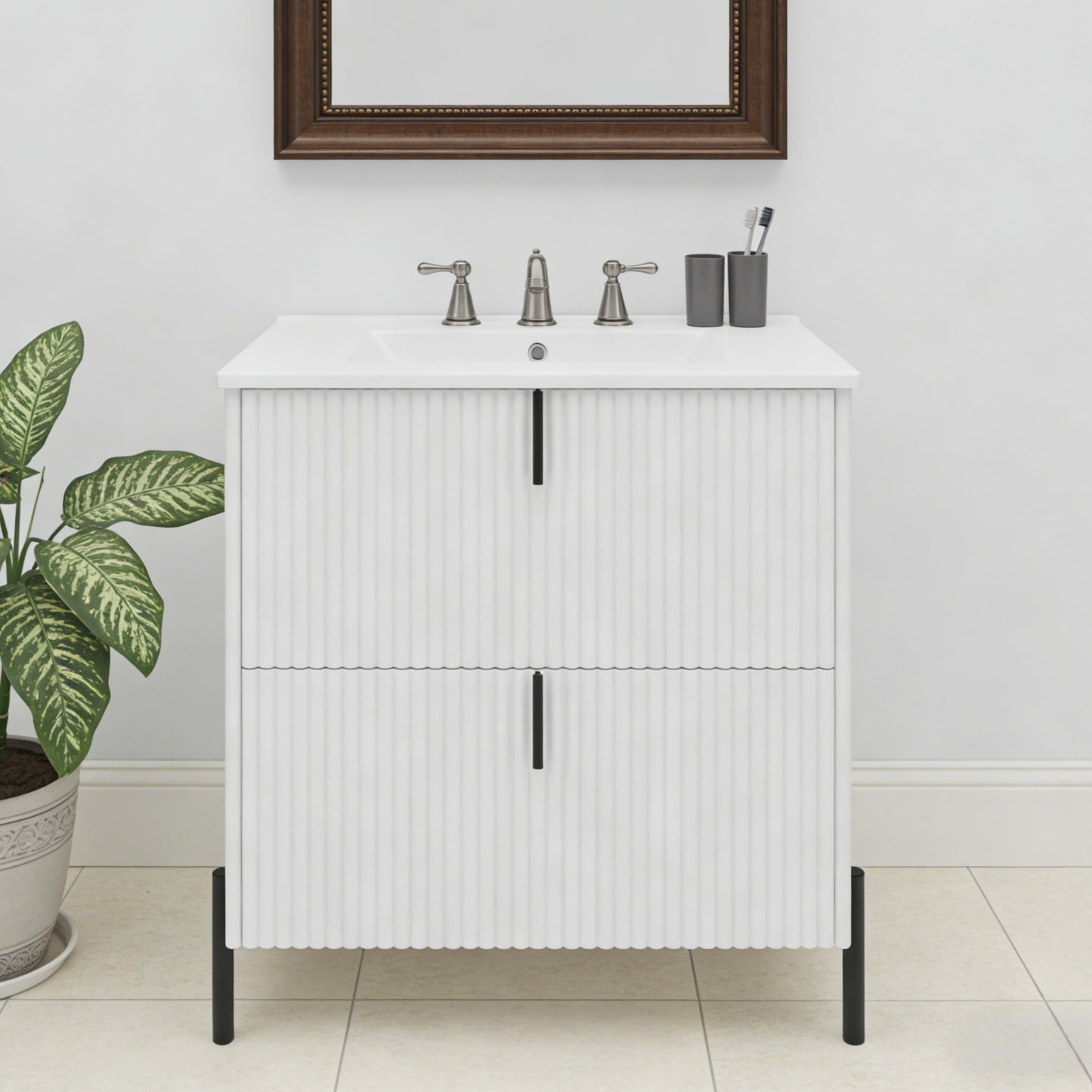 30" White Bathroom Vanity with Ceramic Sink & Full-Extension Drawers