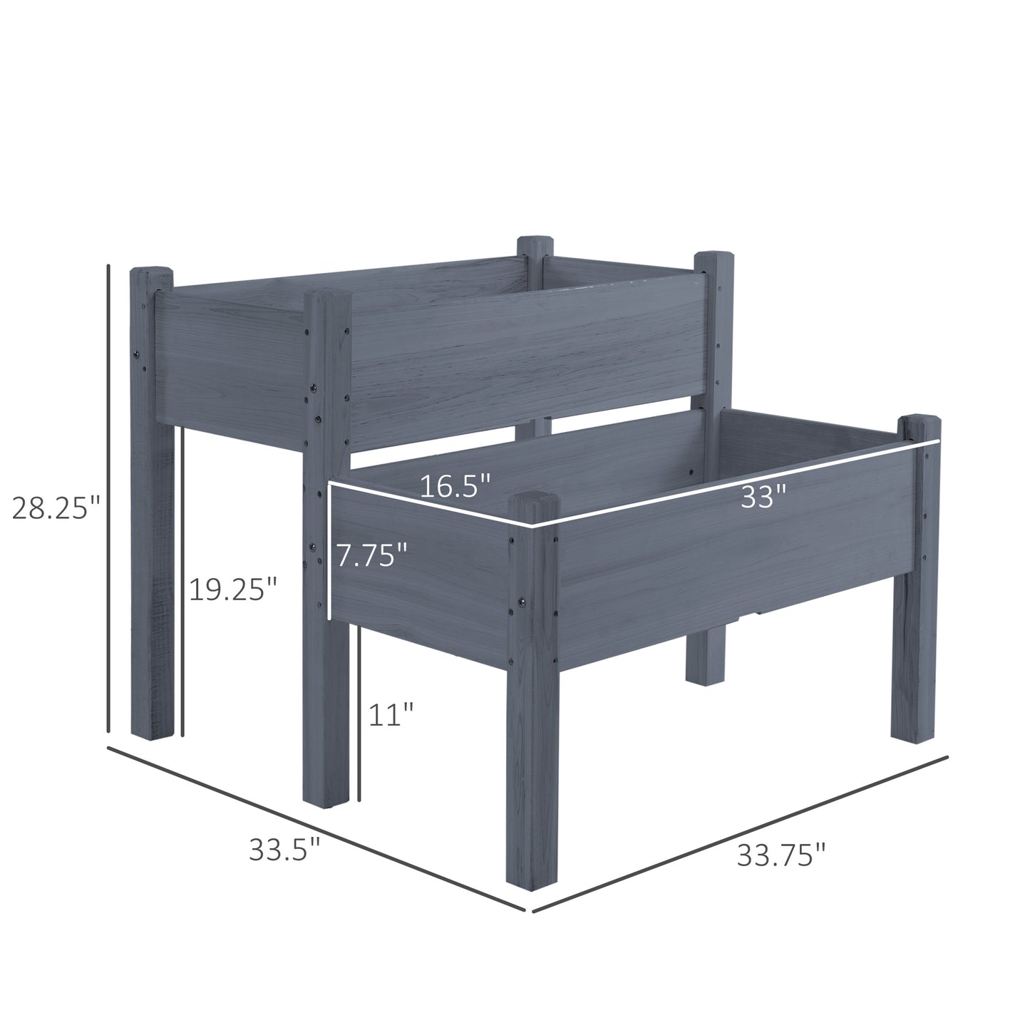 Large Wooden Raised Garden Bed 34x34x28 inch Two-Tier Planter Box for Vegetables Herbs Flowers - Gray