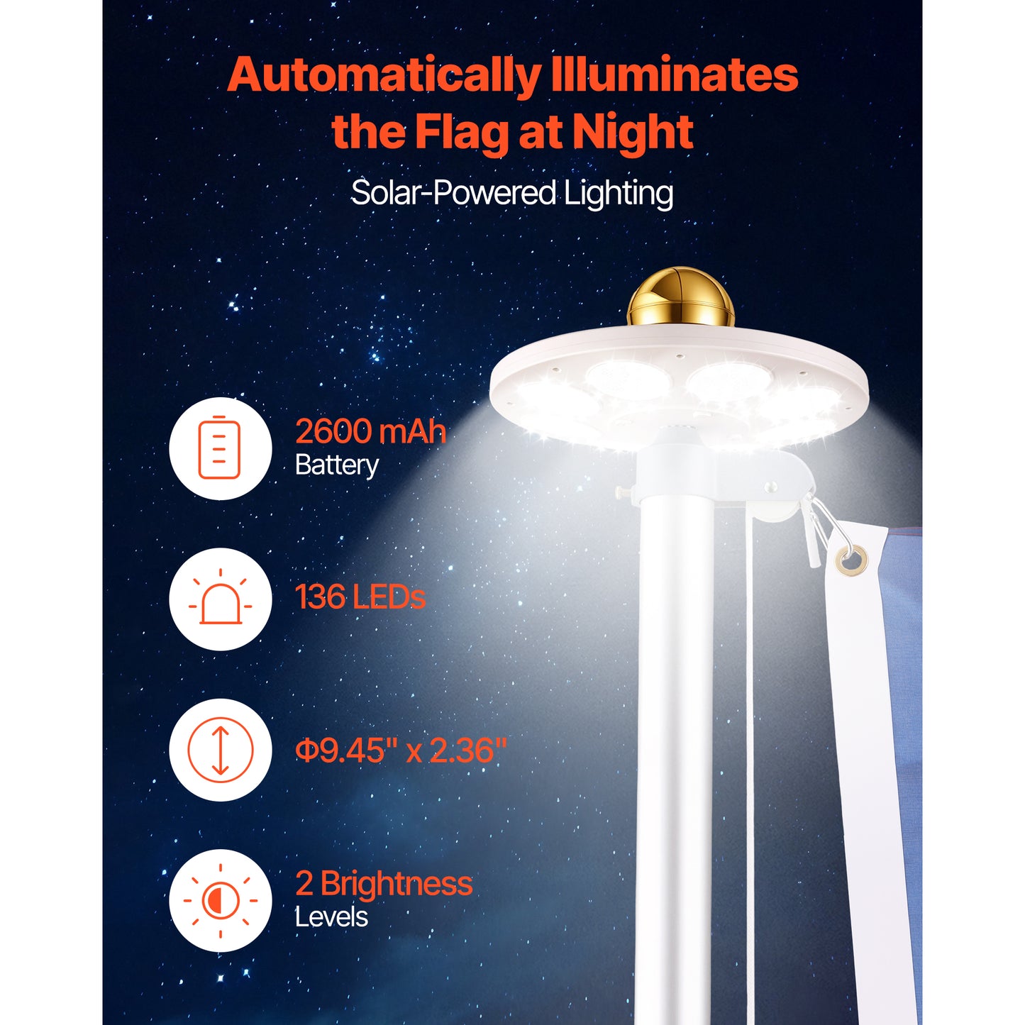25ft Heavy Duty Aluminum Flag Pole Kit with 136 LED Solar Light - Yard & Garden