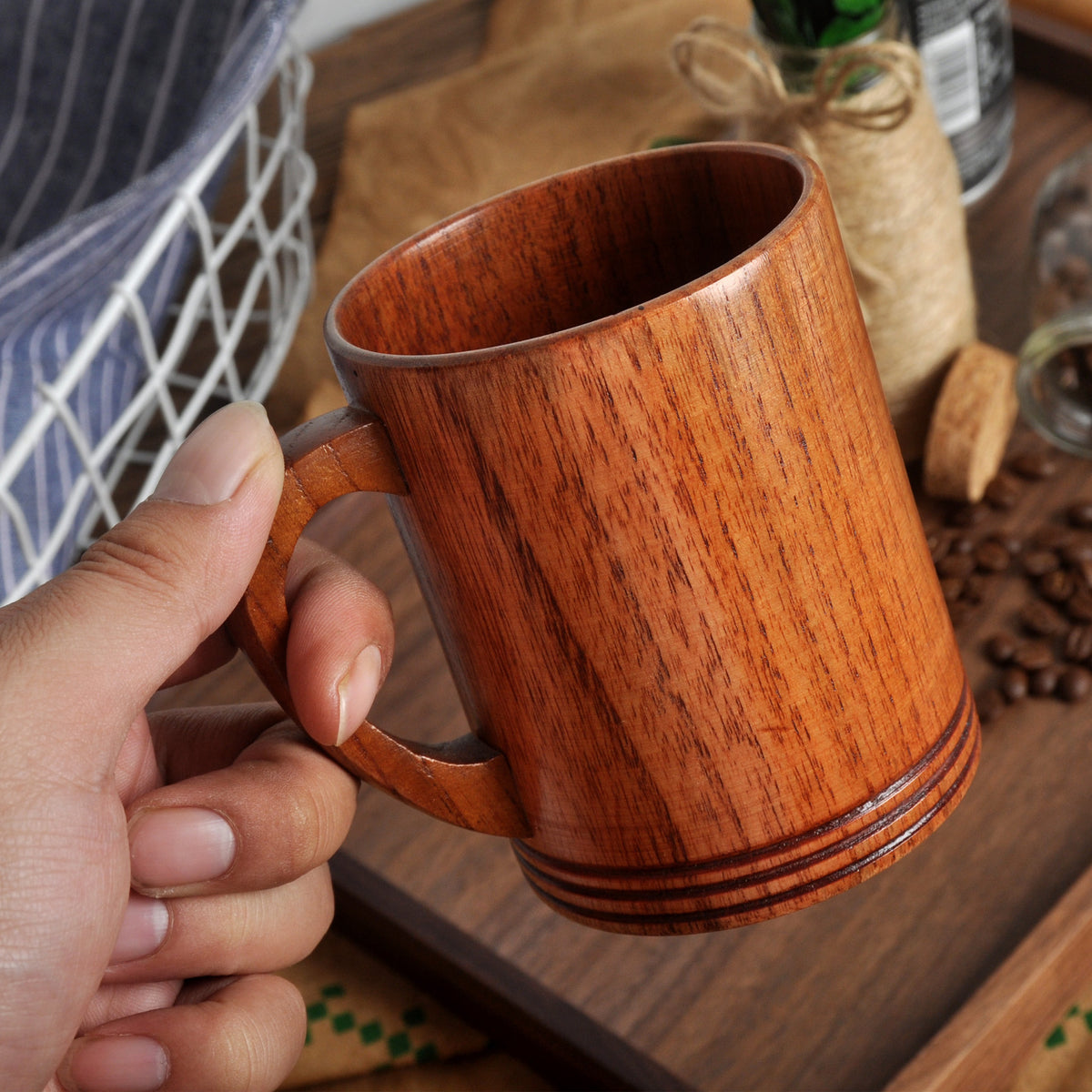 Vintage Wooden Drinkware Mug - Home Kitchen Water Cup