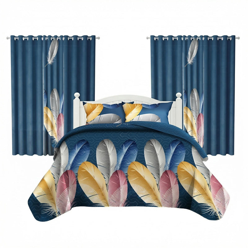 9-Piece Boho Feather Quilt and Curtain Set - Customizable Panels