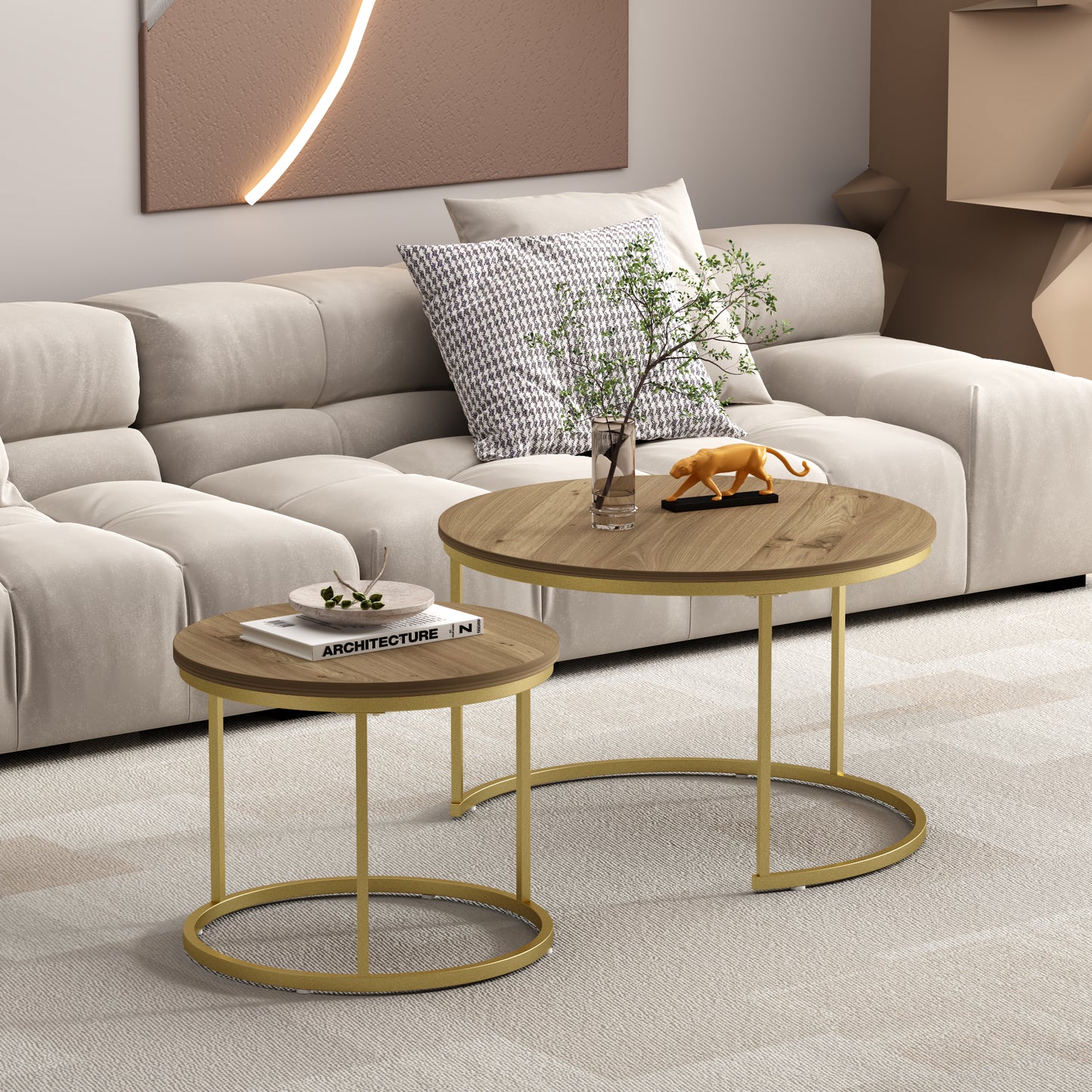 Nesting Coffee Table Set of 2 - Round Wood & Metal - Brown+Gold