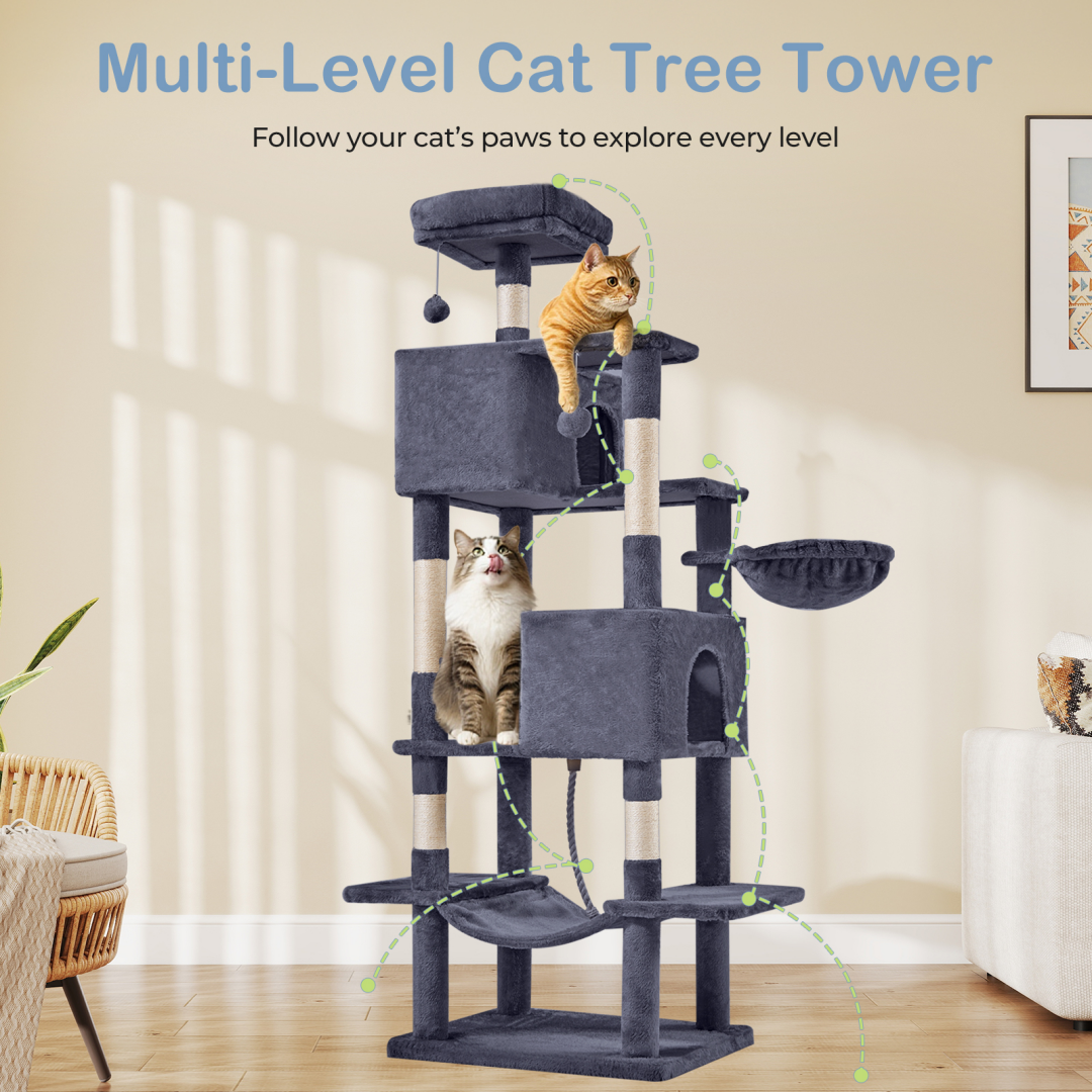 Large 66 Inch Multi-Level Cat Tree Tower with Condos & Hammock - Indoor Pet Furniture