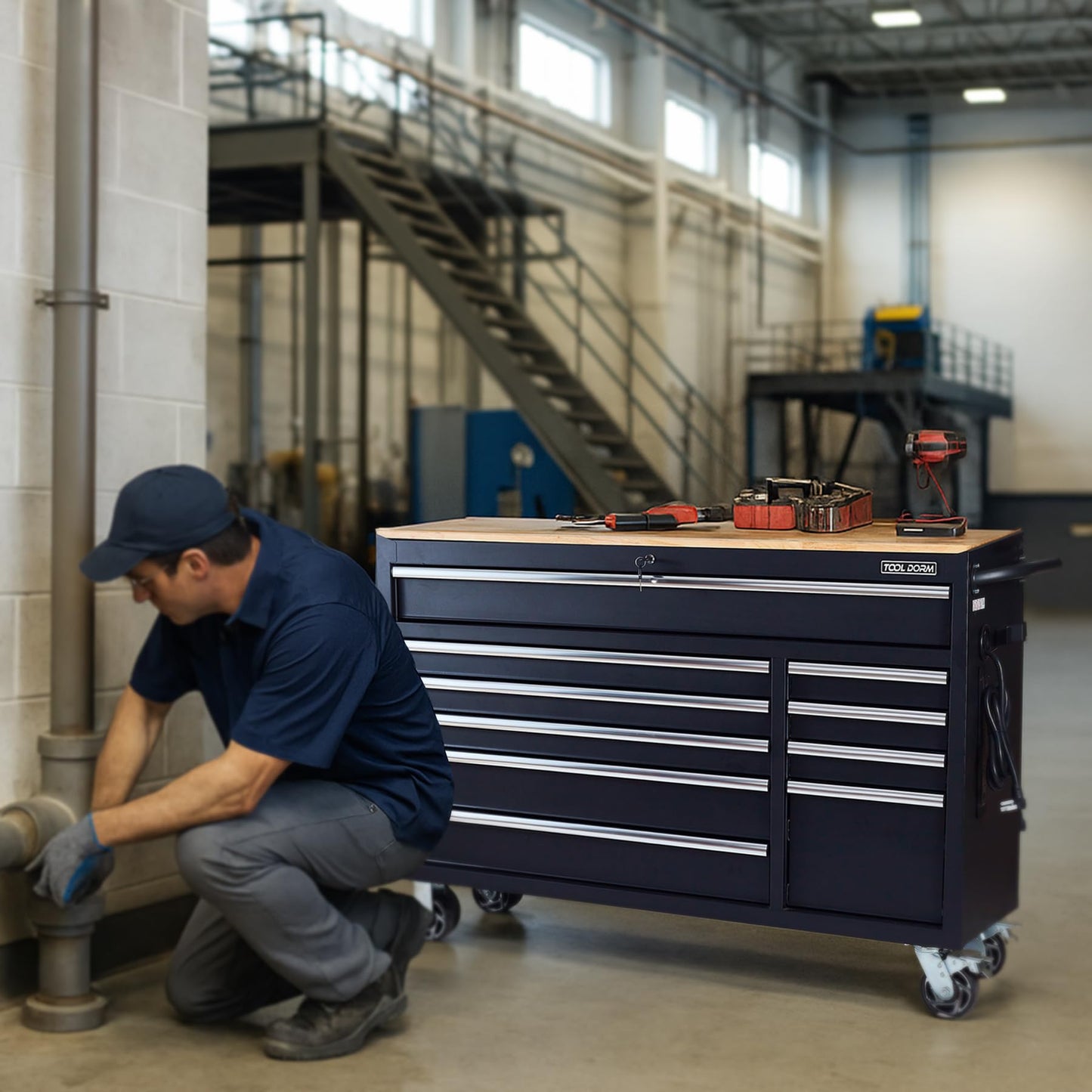 56-Inch 10-Drawer Steel Tool Cabinet with Locking Casters and Power Strip