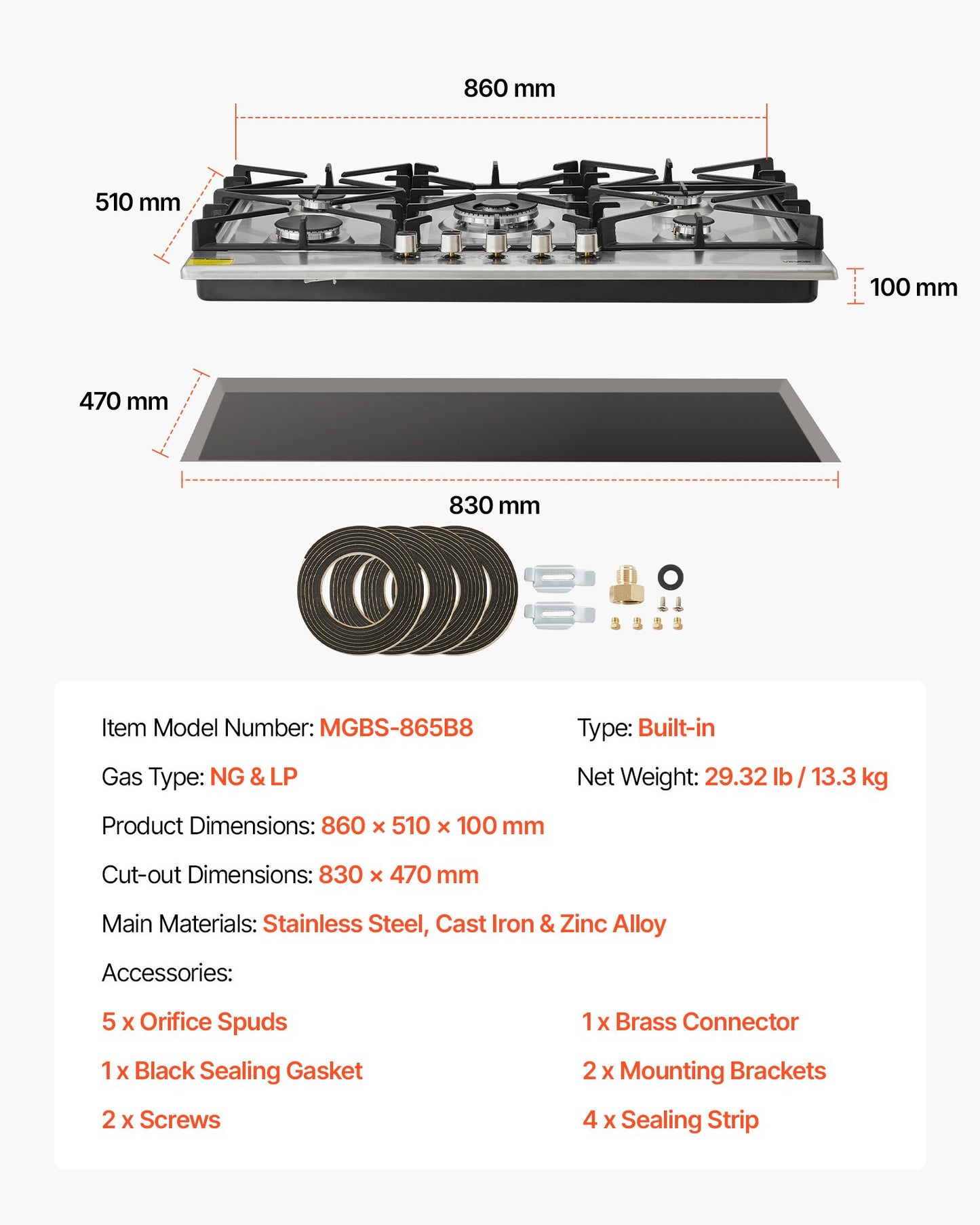 36 Inch Gas Cooktop with 5 Burners, Stainless Steel, 38300 BTU, Dual Fuel Ready