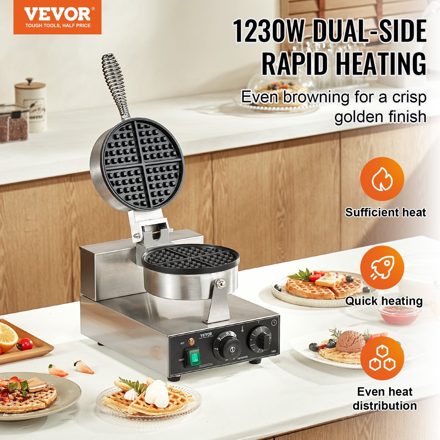 Commercial Round Waffle Maker 1230W Non-Stick Kitchen Appliance - Natural