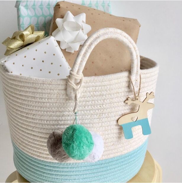 Cotton Braided Storage Basket with Fuzzy Ball Hanging Drop - Multi-Color Home Organizer