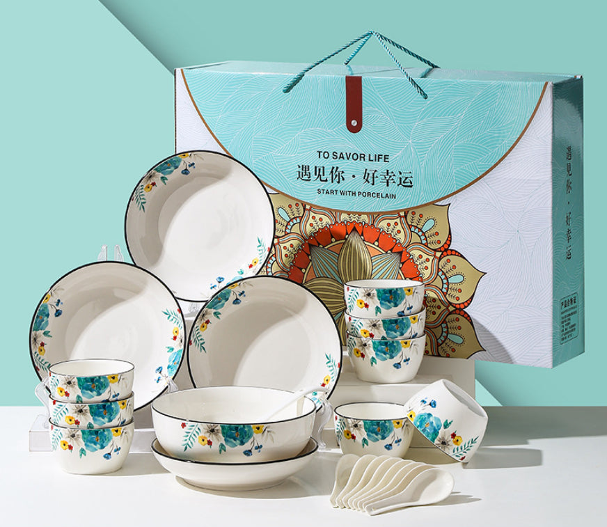 Flower Pattern Bone China Dinnerware Set 22pcs - Microwave Safe Porcelain