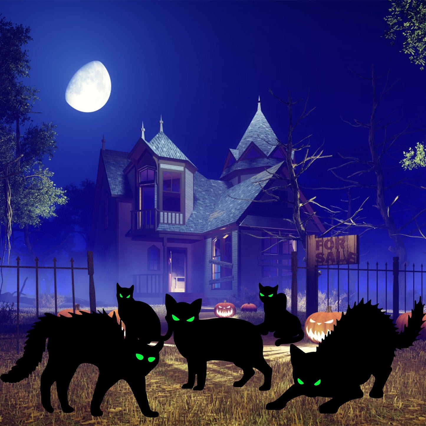 Glow In The Dark Halloween Yard Sign Set - 6 Pcs Skeleton & Cat