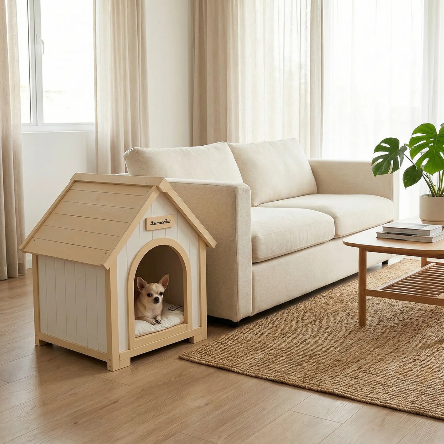 Indoor Wooden Dog House with EVA Cushion - Small Pet Shelter in Creamy White