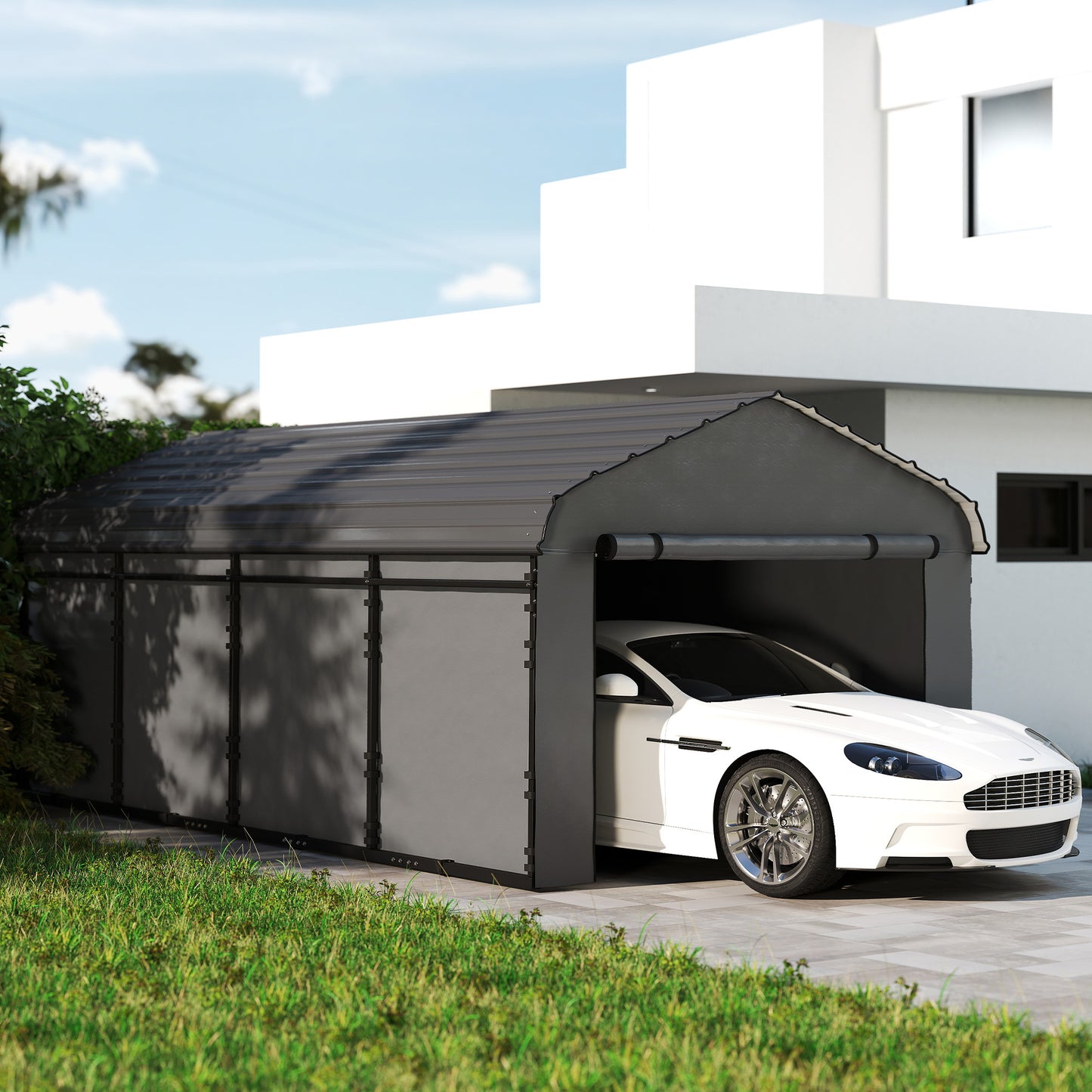 Heavy Duty Metal Carport with Galvanized Roof and Sidewalls - Dark Gray