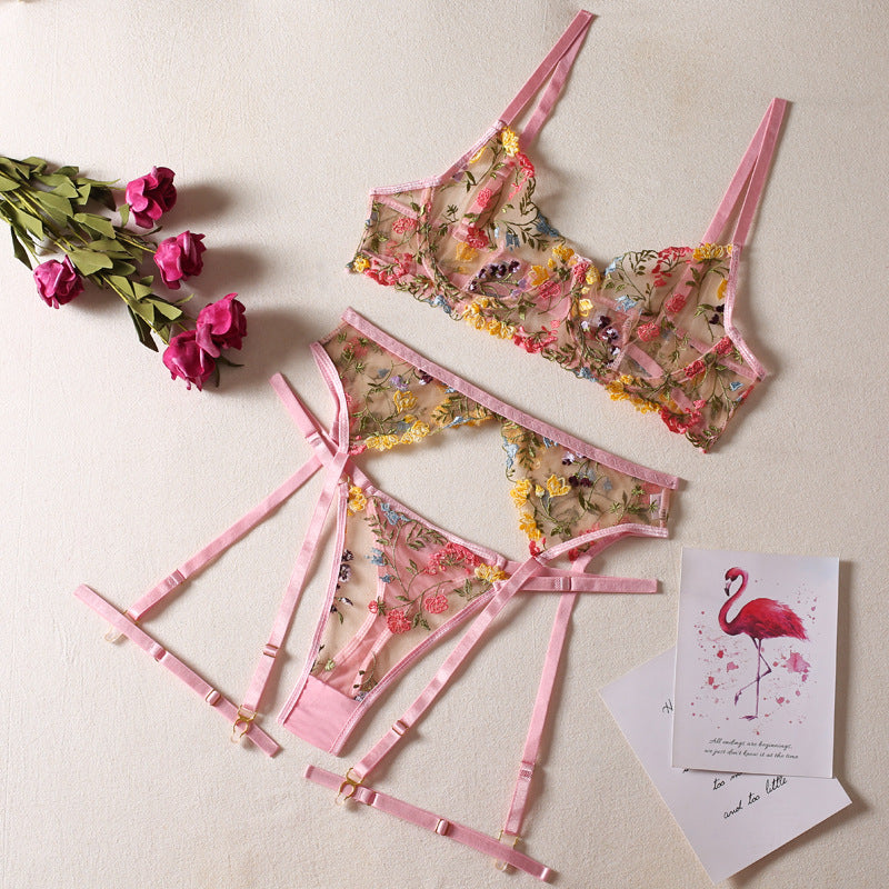 Women's Floral Lingerie Garter Set with Panty, Garter Belt & Leg Rings