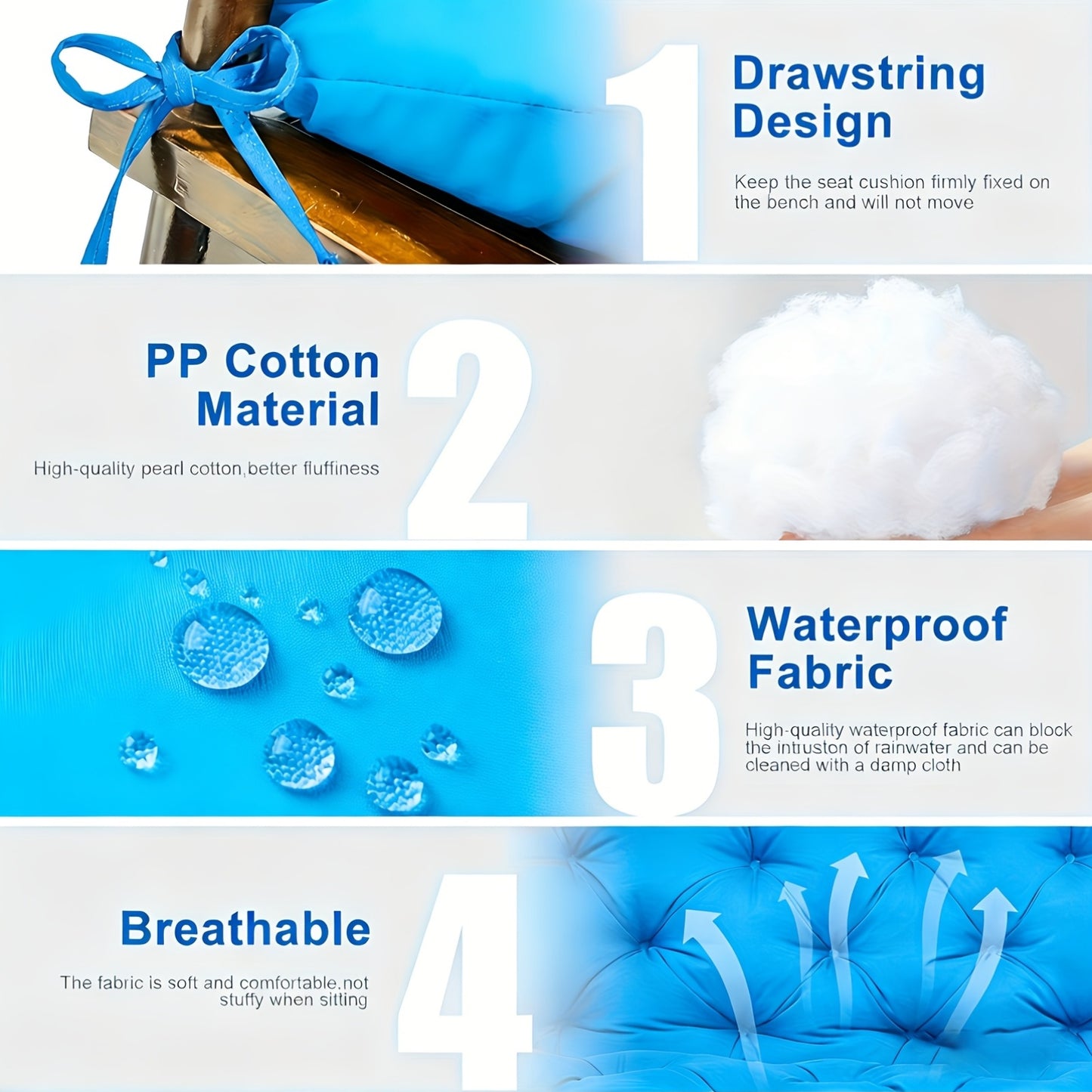Outdoor Swing Cushions 2-3 Seater Waterproof Bench Pad with Anti-Slip Straps - Multiple Colors