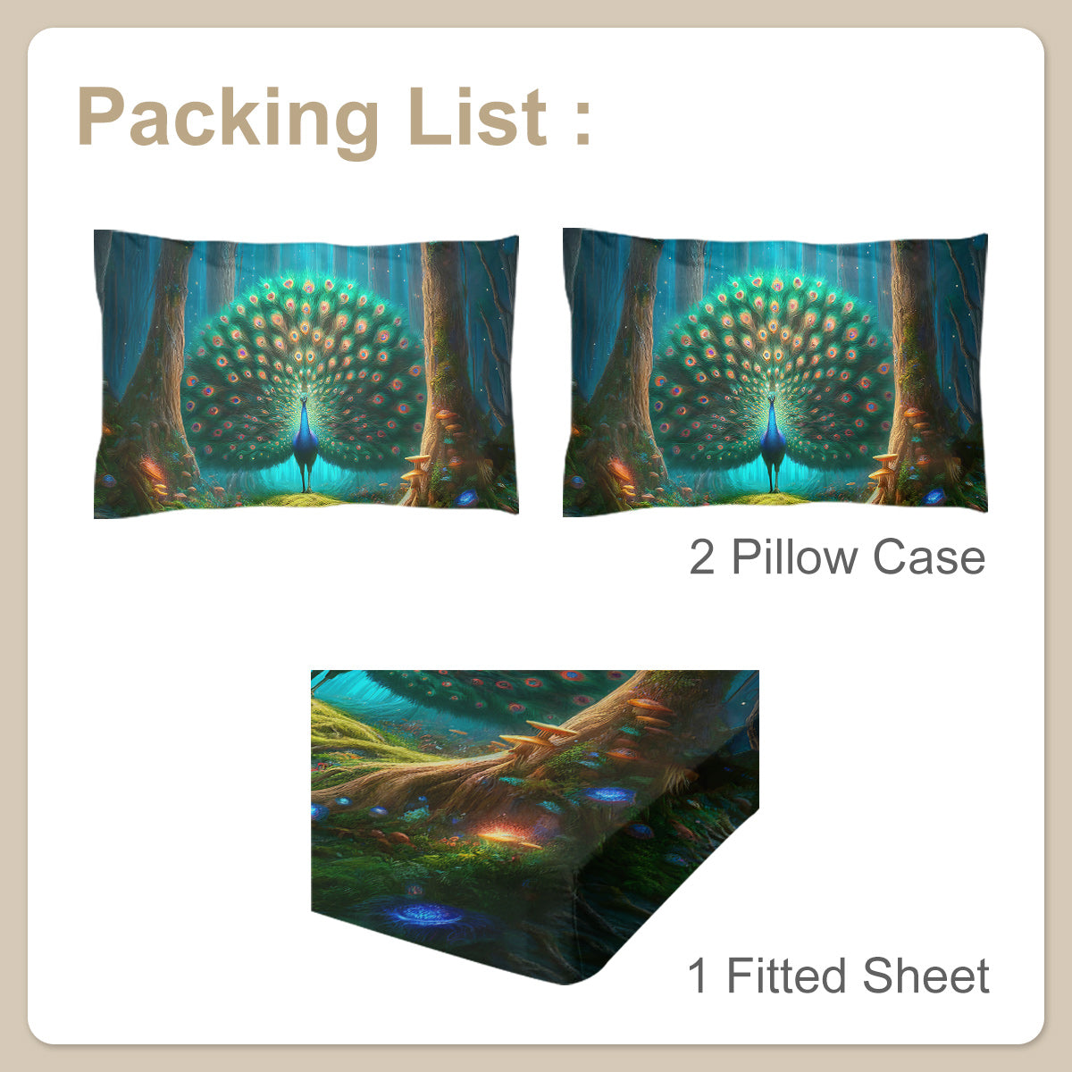 Green Peacock Print Bed Sheet Set - Colorful Mushroom Pattern, Queen Size