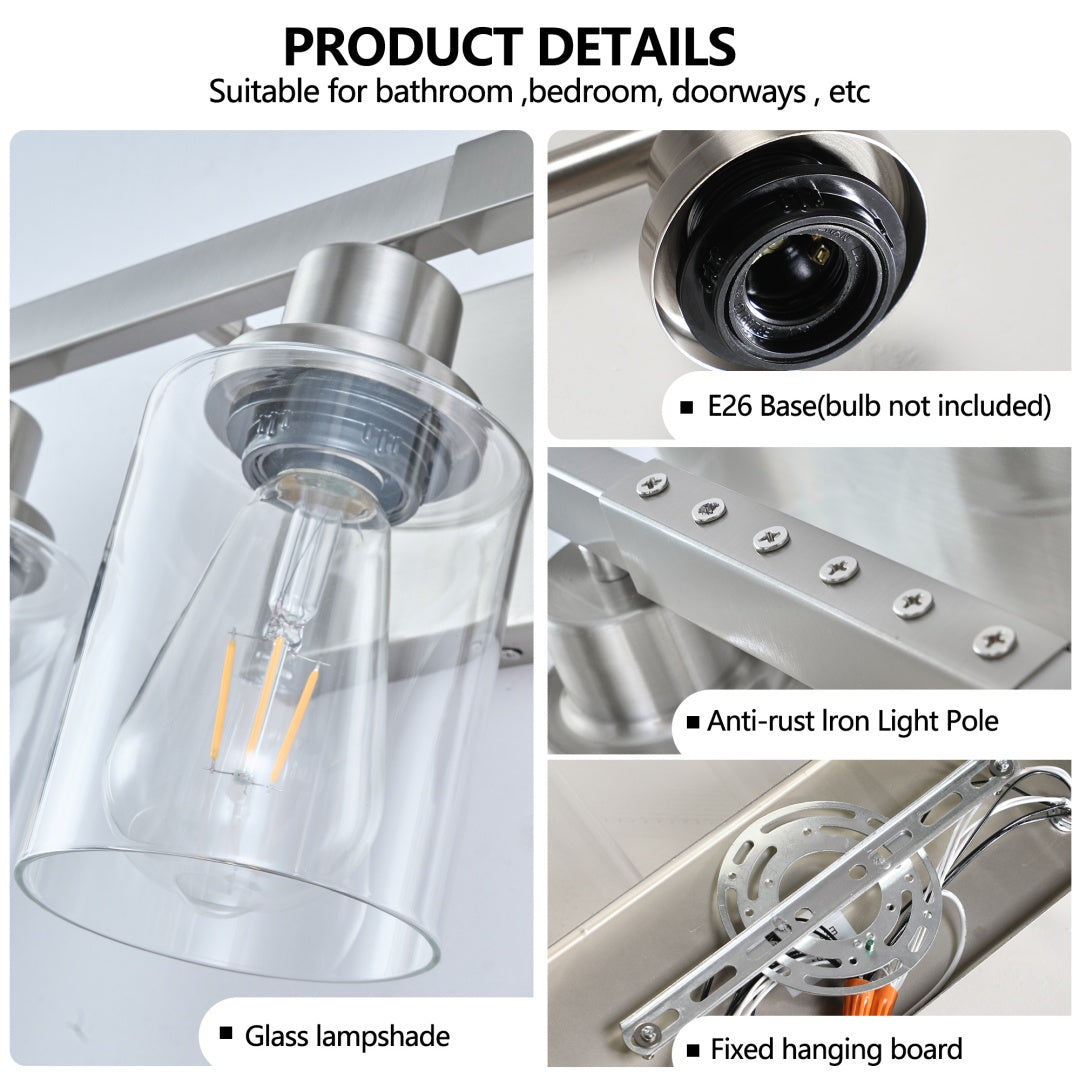 Brushed Nickel Bathroom Vanity Light Fixture with Clear Glass Shade