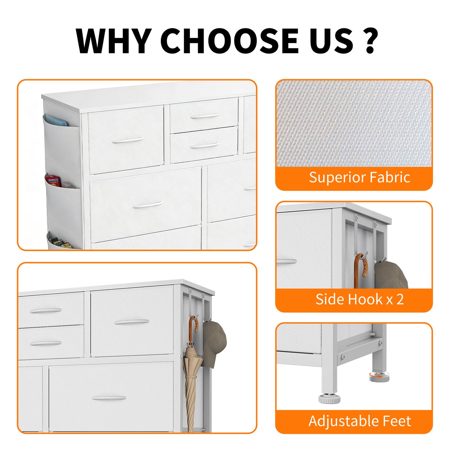 10-Drawer Storage Cabinet with Side Pocket & Hooks - White