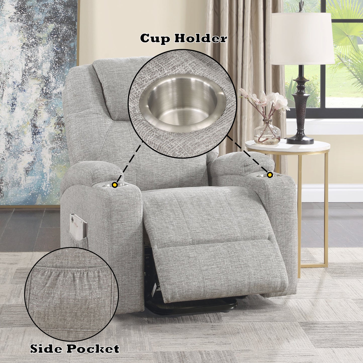 Light Gray Chenille Recliner with Power Lift & Massage