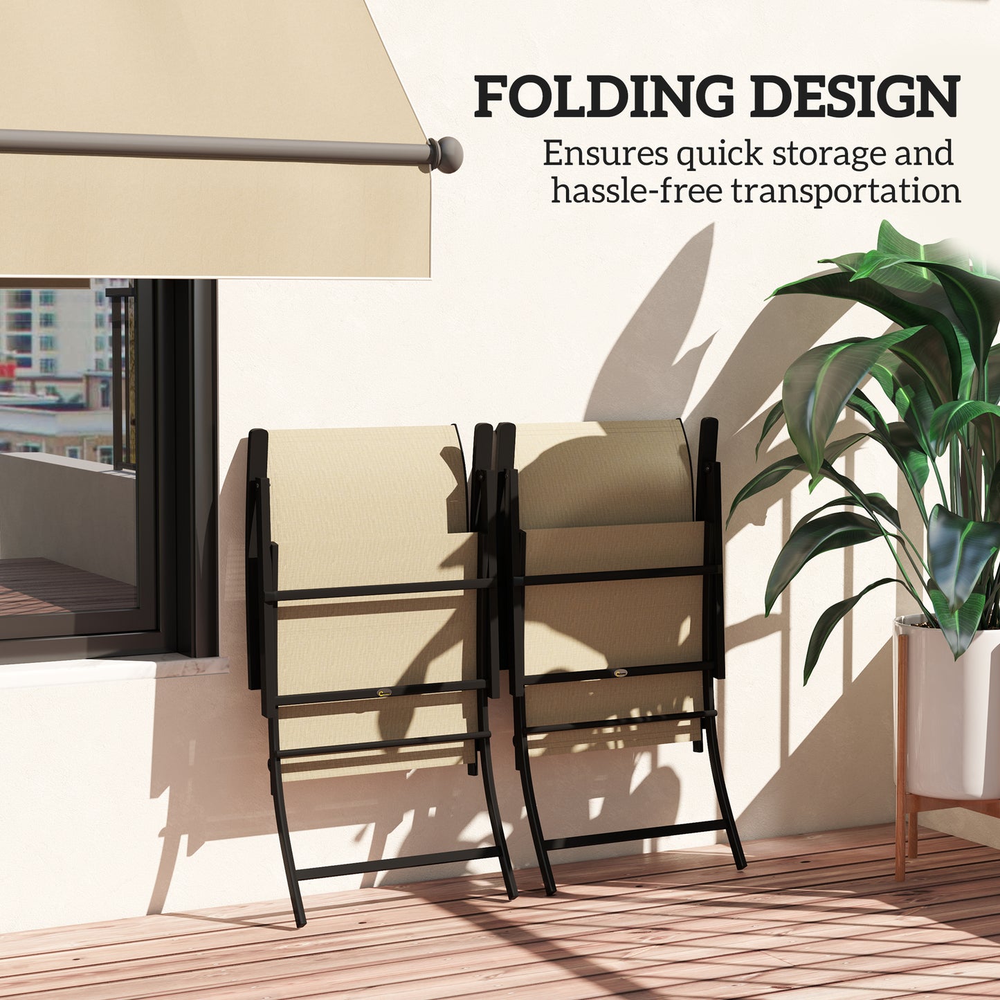 Set of 2 Folding Outdoor Dining Chairs with High Back & Armrests - Beige