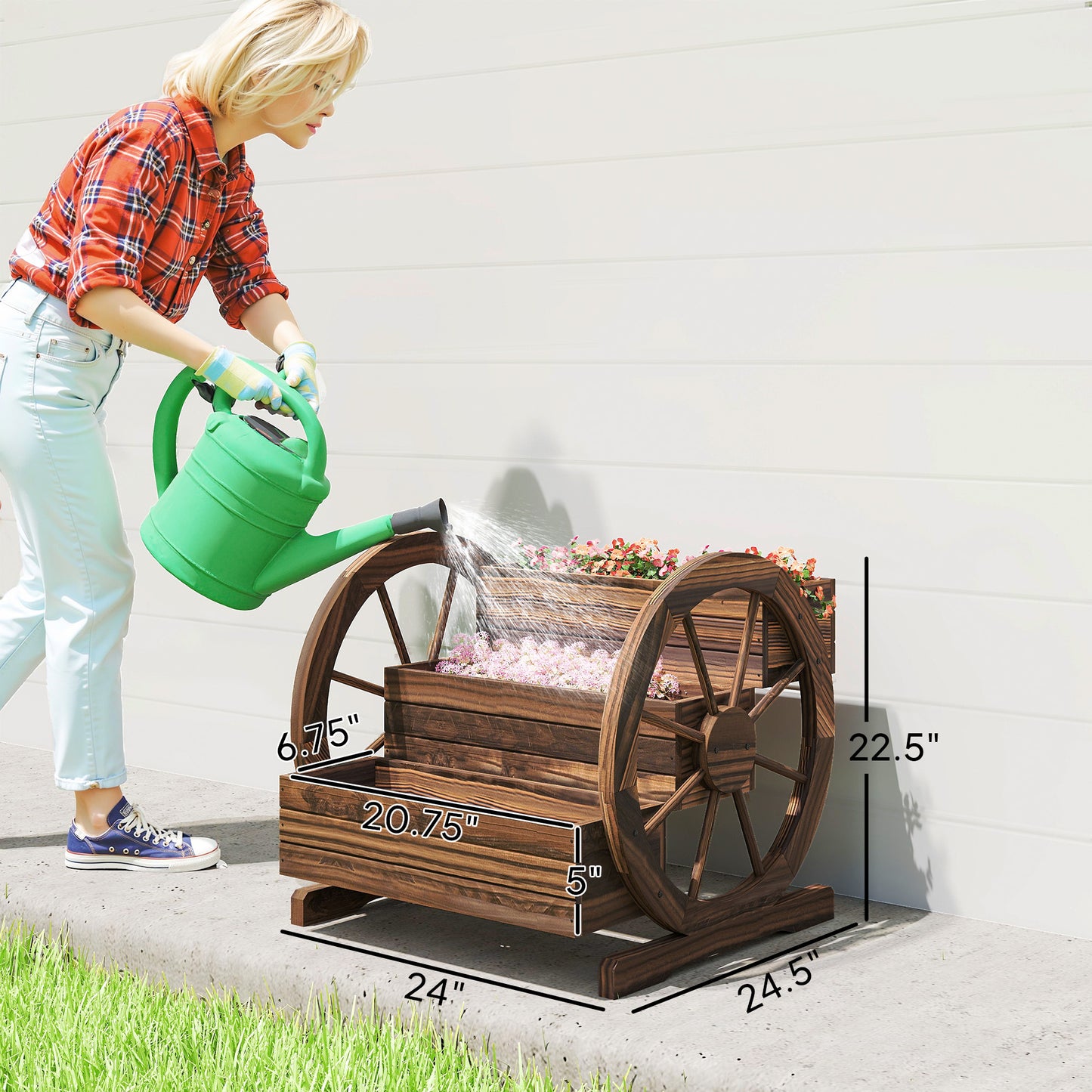 Wooden Wagon Planter Box 3-Tier Raised Garden Bed for Vegetables Flowers Herbs - Carbonized 25" x 24" x 23"