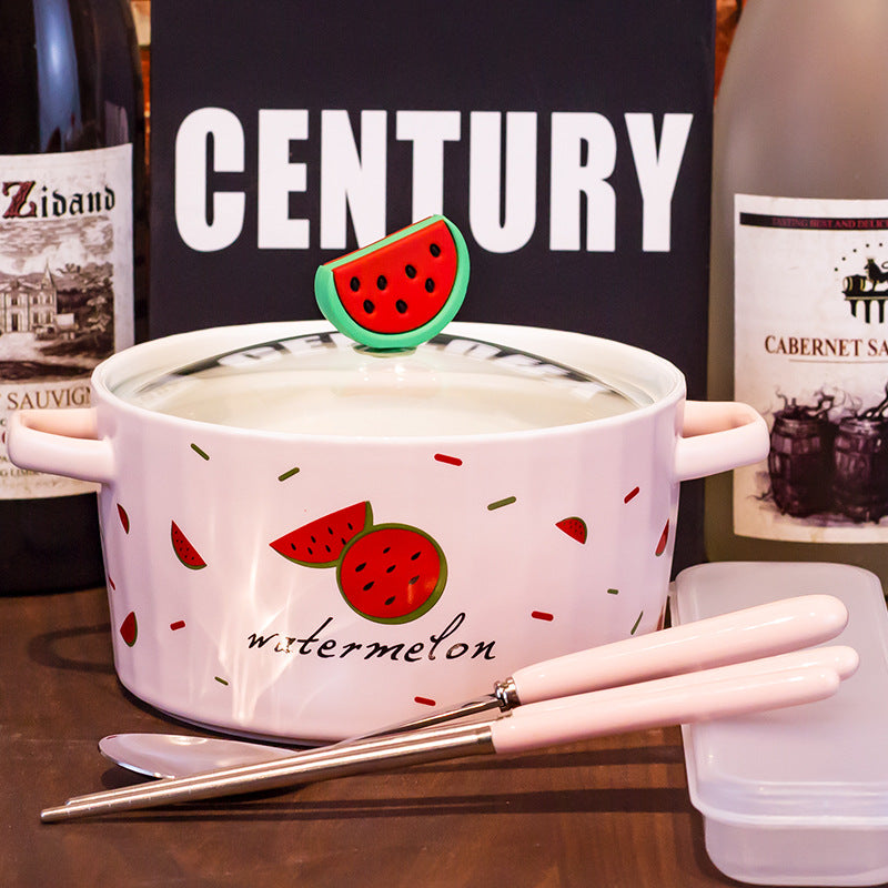 Ceramic Noodle Bowl with Lid and Ears - Strawberry Design, Easy to Clean