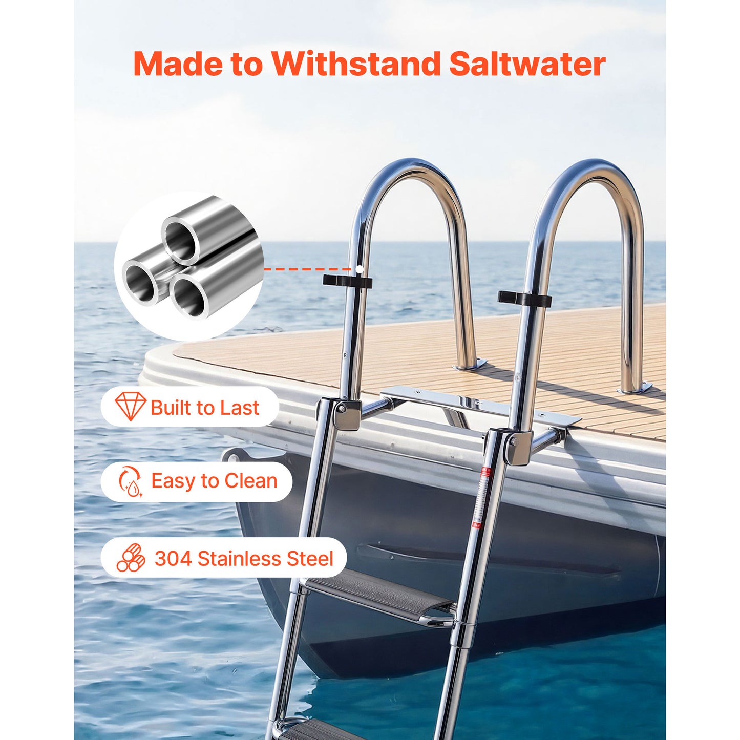 Stainless Steel Boat Ladder 4 Steps Telescoping Foldable Swim Deck Ladder with Handrails, Wide Anti-Slip Steps, 600lbs Capacity