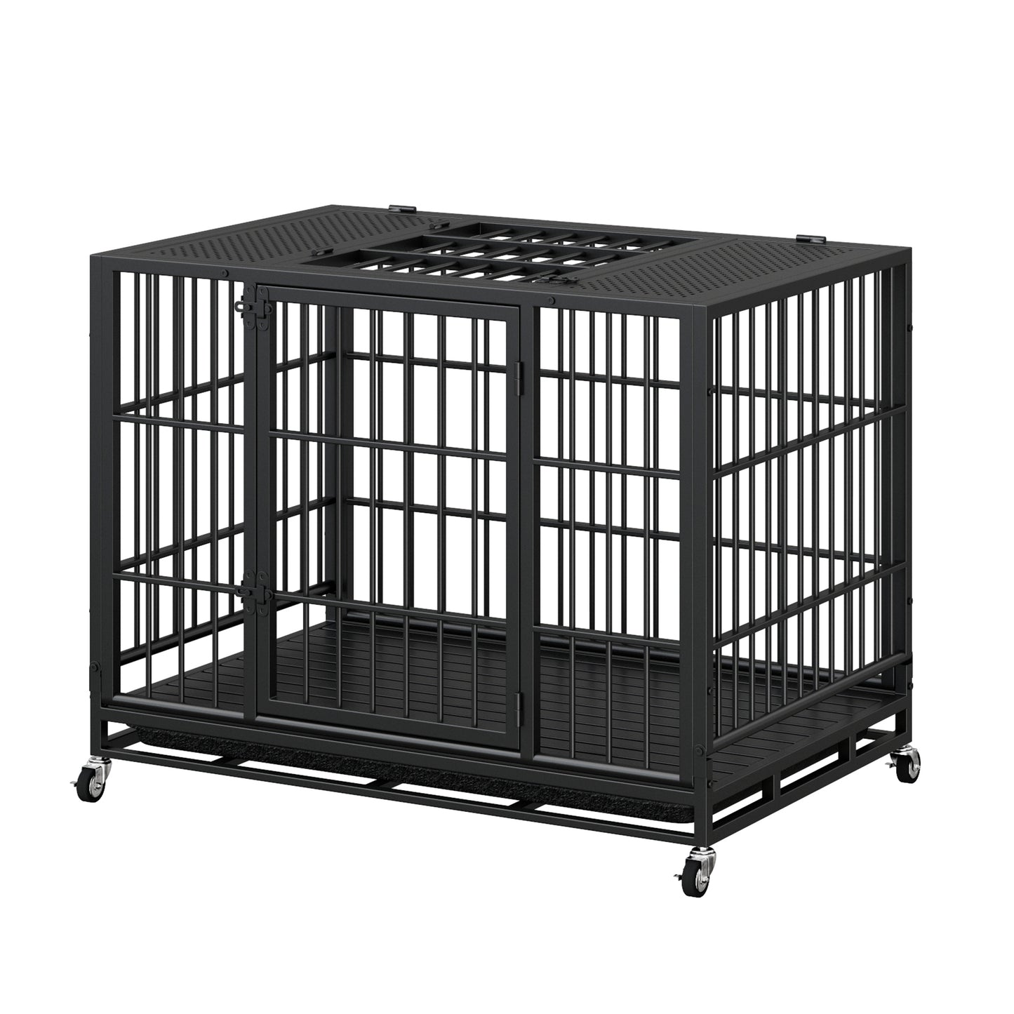 Heavy Duty Dog Crate with Lockable Wheels and Perforated Top, Indoor Outdoor Kennel