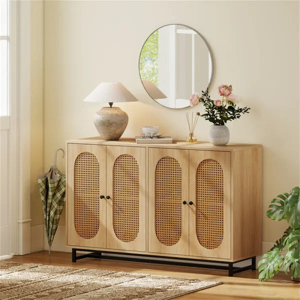 Natural PE Rattan Large Buffet Sideboard (50"), 4-Door Design With