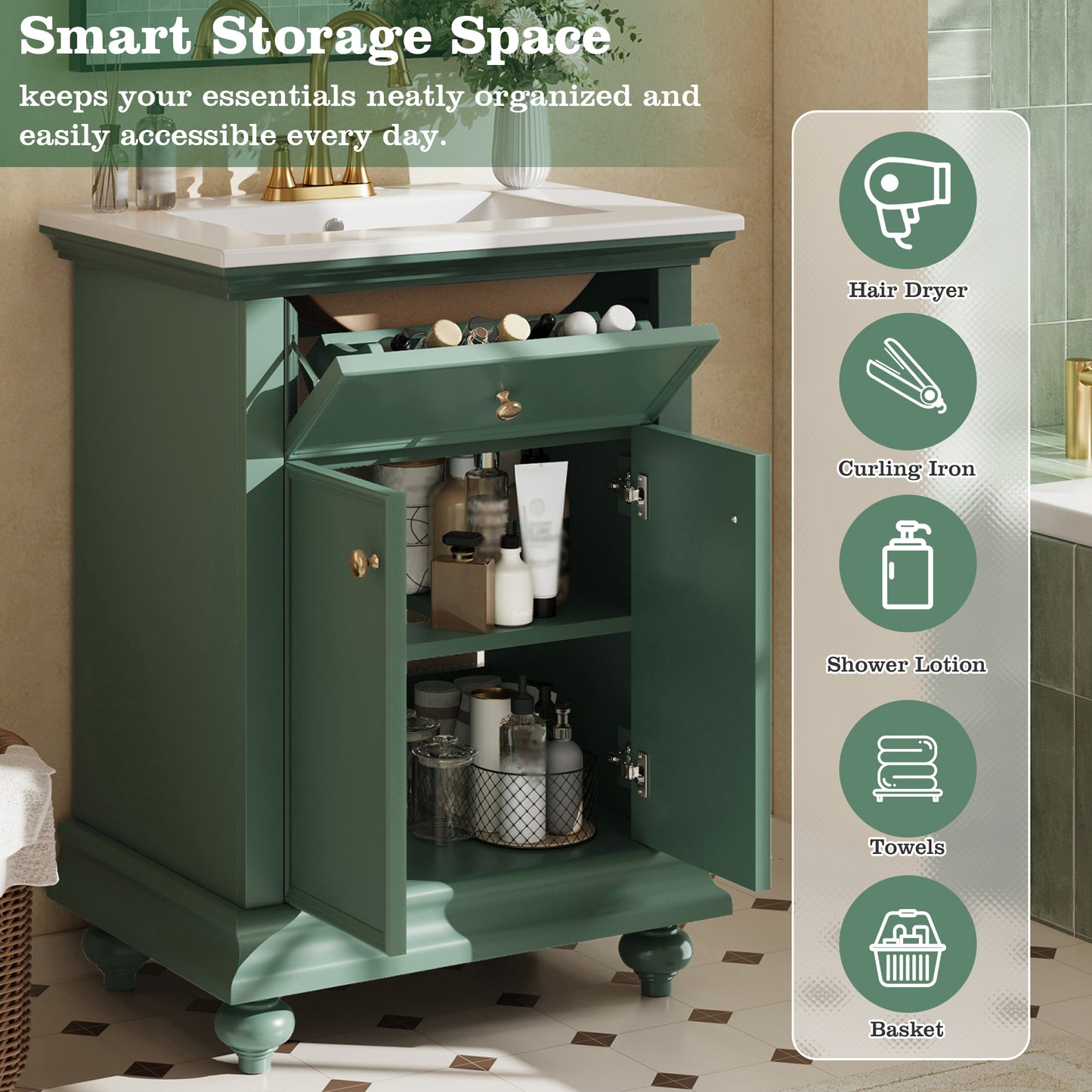 24" Modern Bathroom Vanity with Tip-Out Drawer - Green