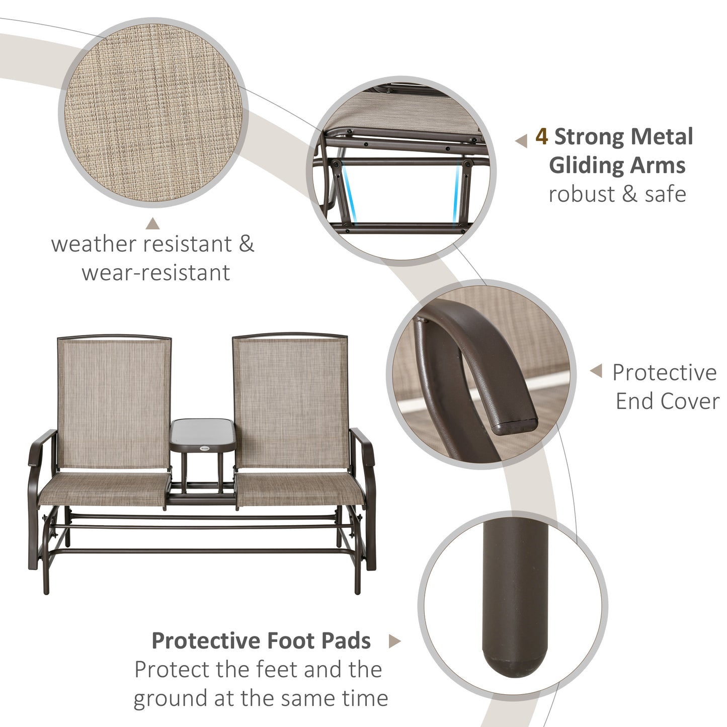 Two-Person Outdoor Glider Bench with Center Table - Brown