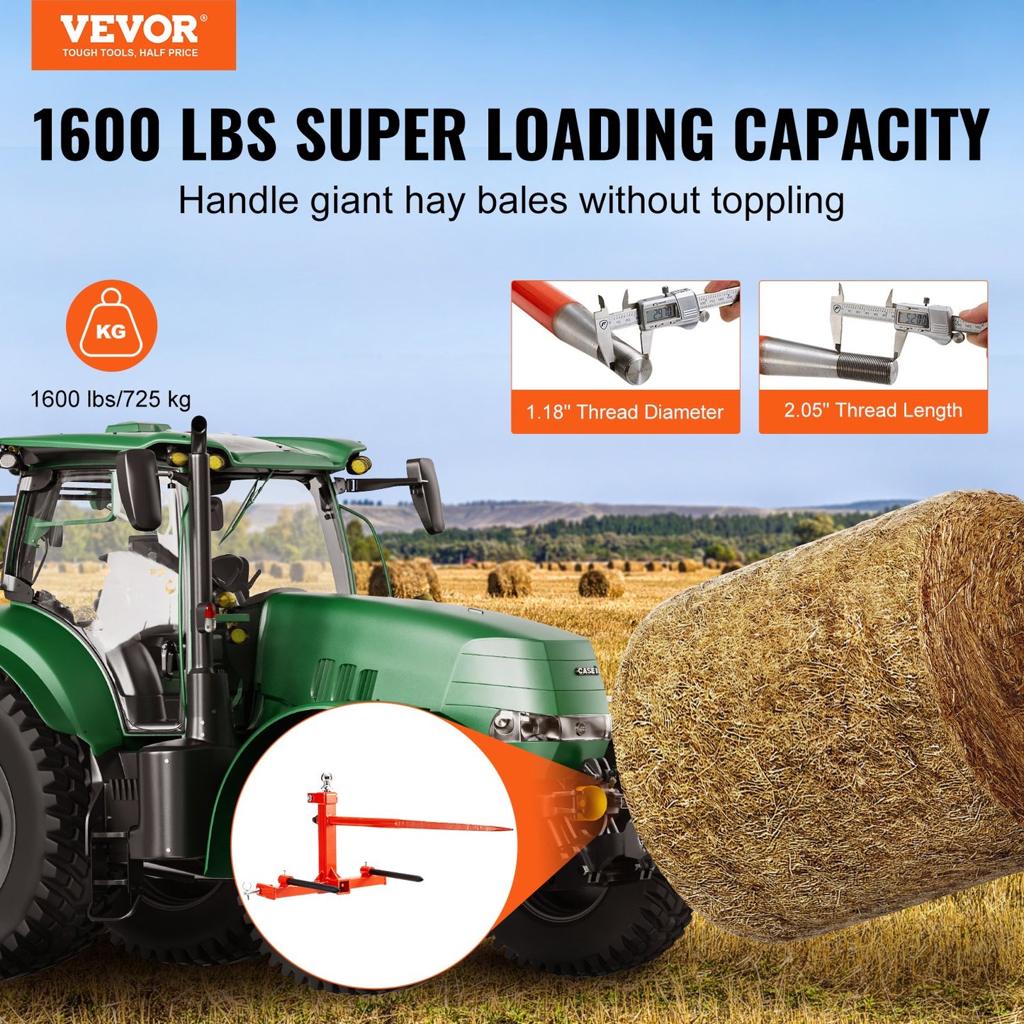 49-Inch Hay Spear Bale Fork with 1600 lbs Load Capacity for 3-Point Hitch Tractors - Red