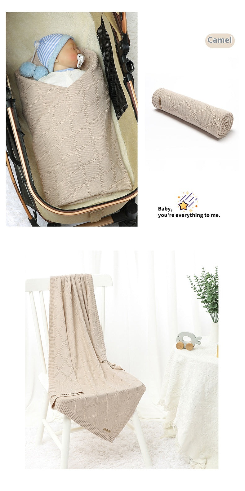 Baby Knitted Blanket 70x90cm Cotton Solid Color Bedding for Toddler