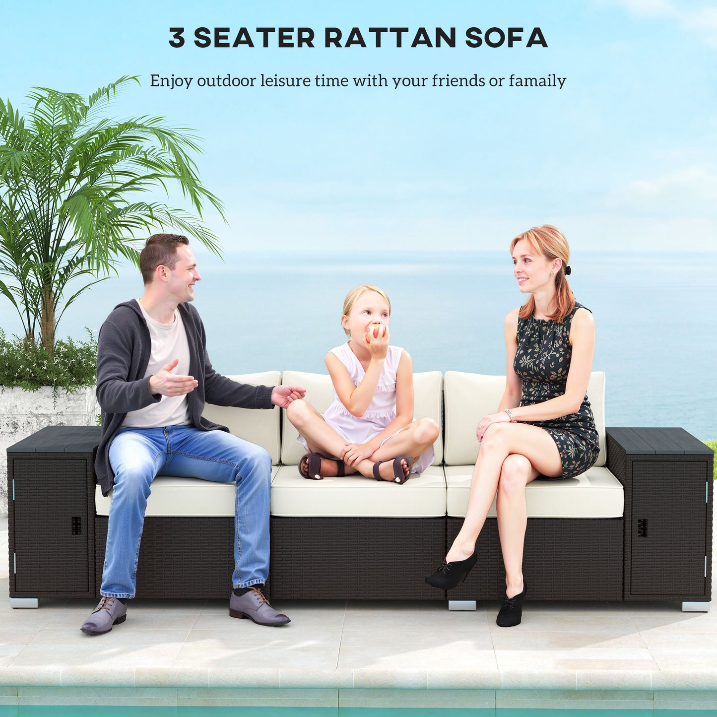 Outdoor 3-Seater Wicker Patio Sofa with Storage & Cushions - Cream White