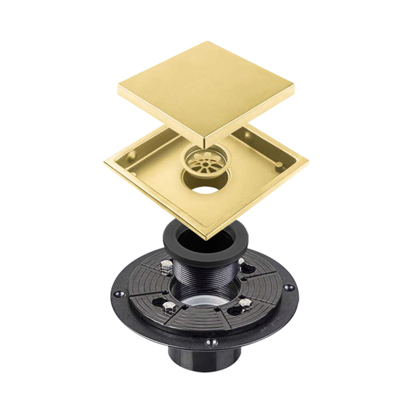 6 Inch Square Shower Drain with Removable Cover & Hair Strainer - Brushed Gold, Stainless Steel