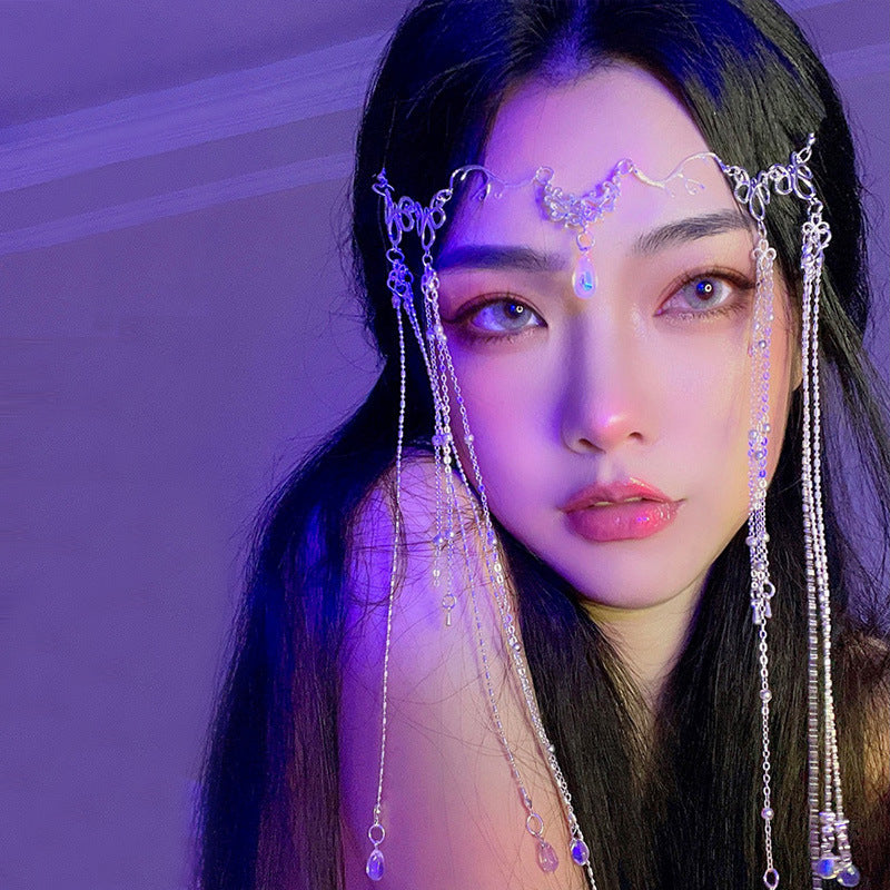 Ancient Style Tassel Headdress Hair Accessory with Forehead Ornament - Silver