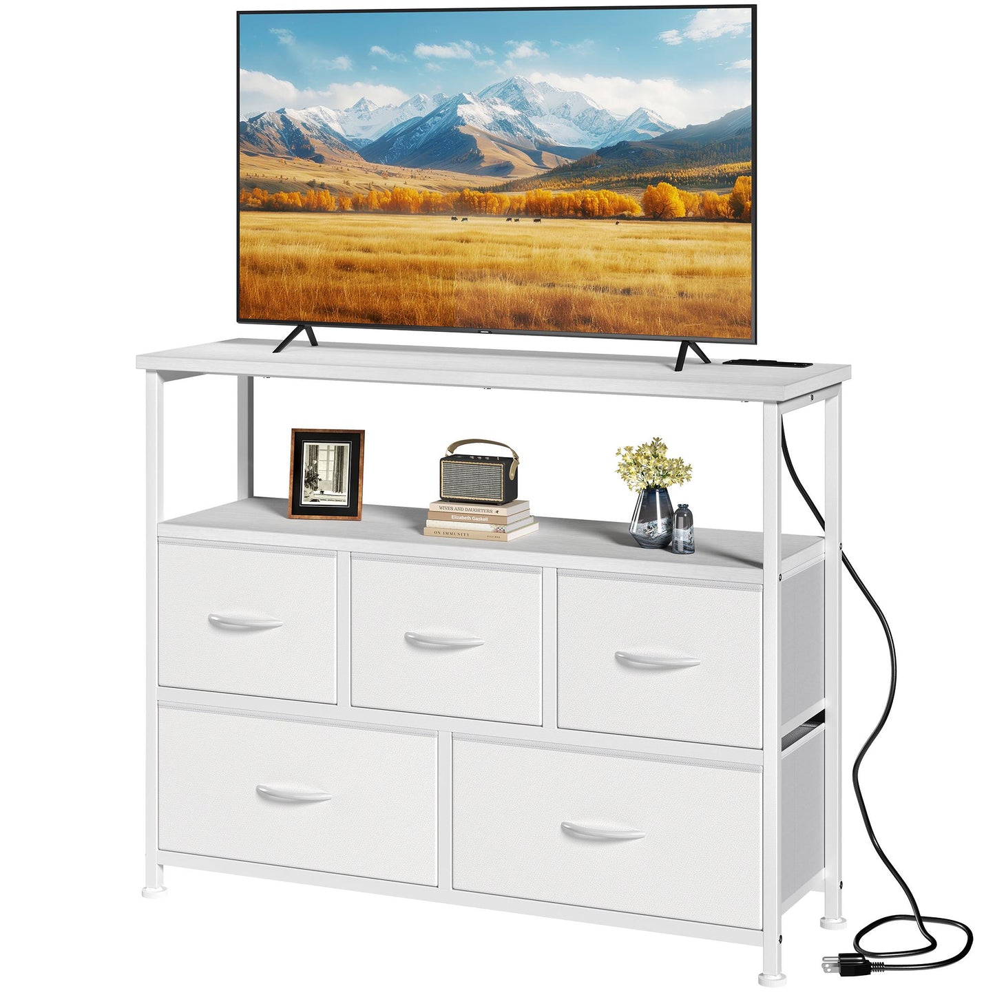 Media Storage Cabinet with 5 Fabric Drawers and Charging Station