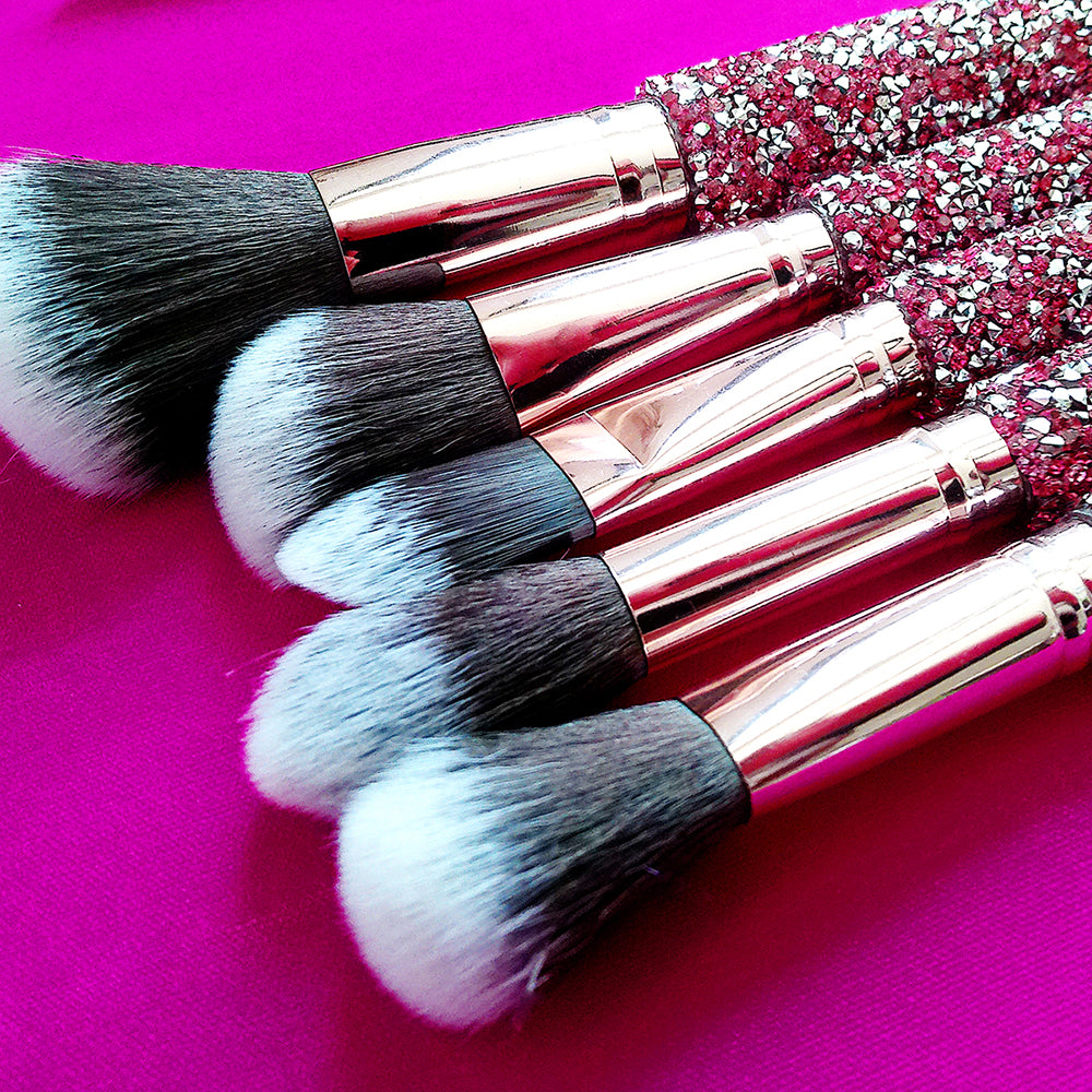 10-Piece Diamond Inlaid Makeup Brush Set with Storage Bag - Pink