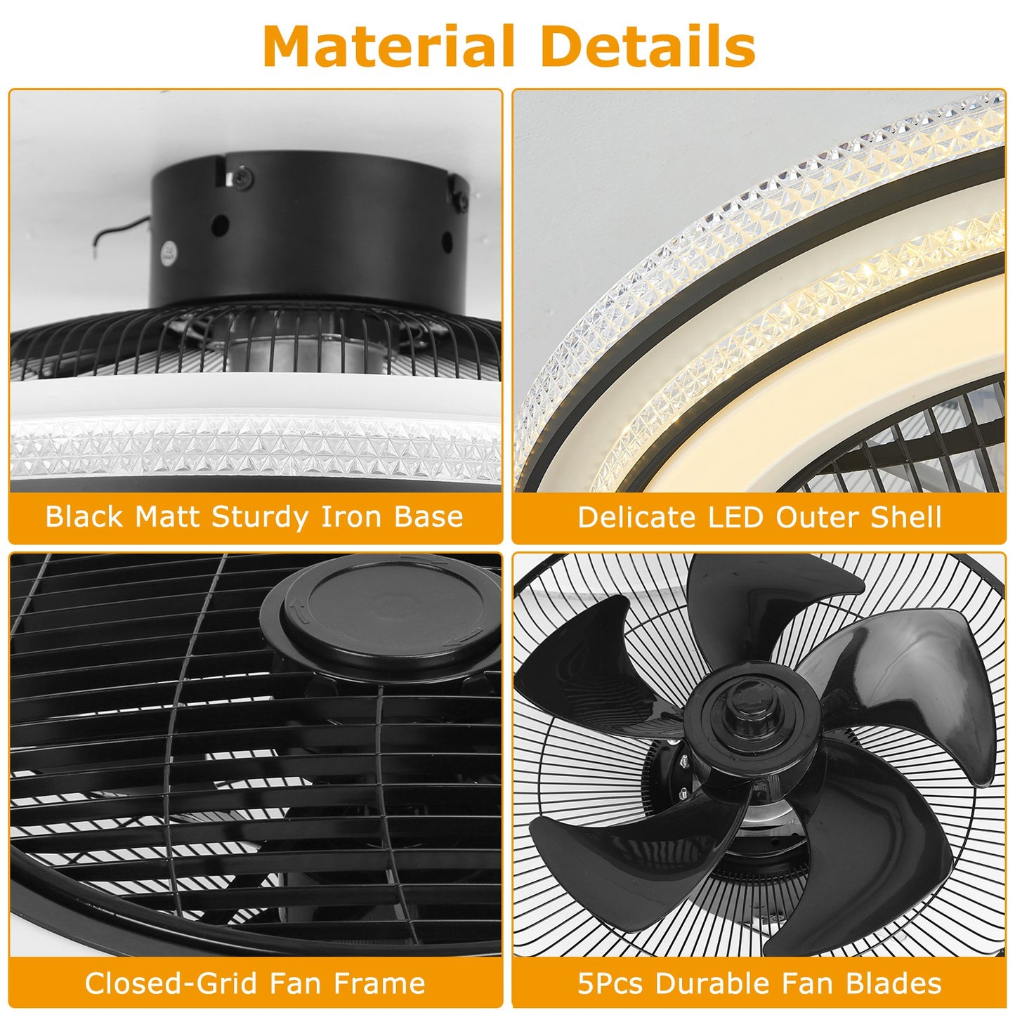 20.5in Ceiling Fan with Light Remote Control & APP, 3-Speed LED Pendant Fan - Black