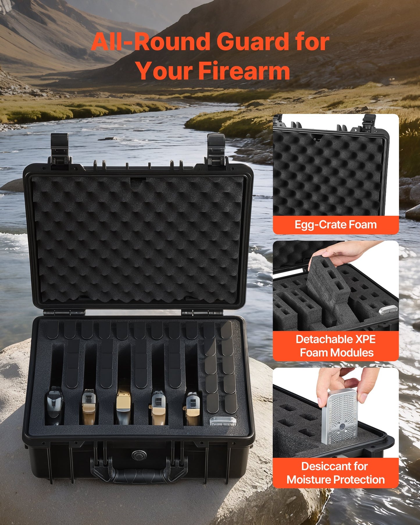 Heavy Duty Waterproof Gun Case with Foam Interior, TSA Approved, Black - 18.7x12.5x7.5 in