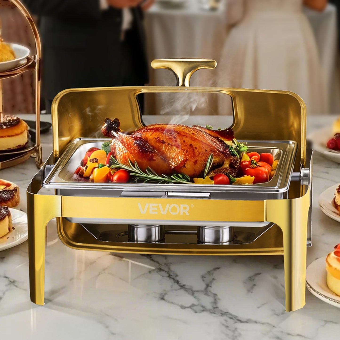 9Qt Stainless Steel Roll Top Chafing Dish Set - Gold Finish