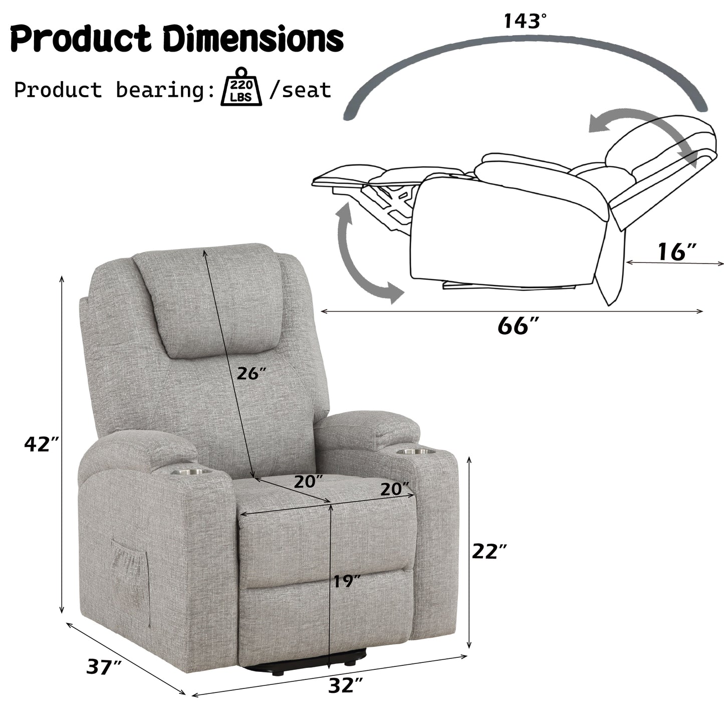 Light Gray Chenille Recliner with Power Lift & Massage