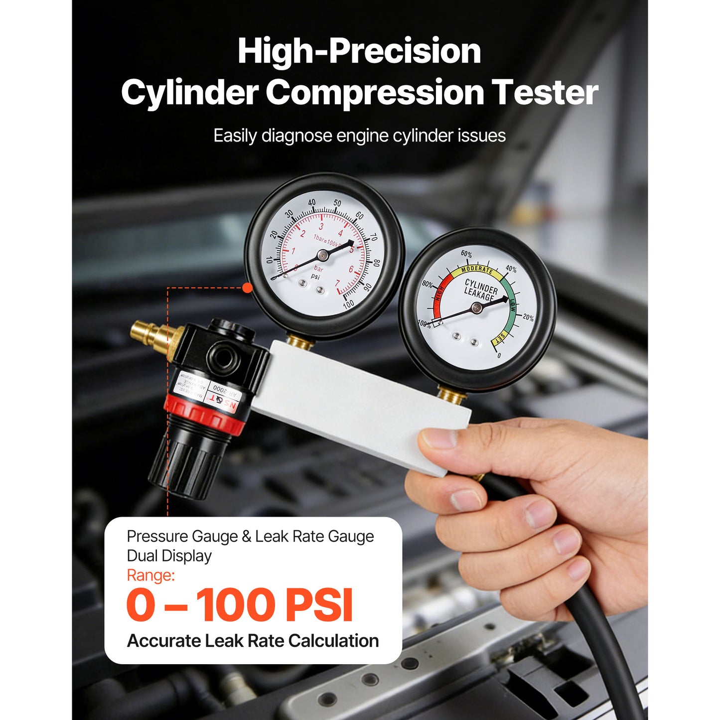 Automotive Cylinder Compression Tester Kit with Pressure Gauge & Adapters