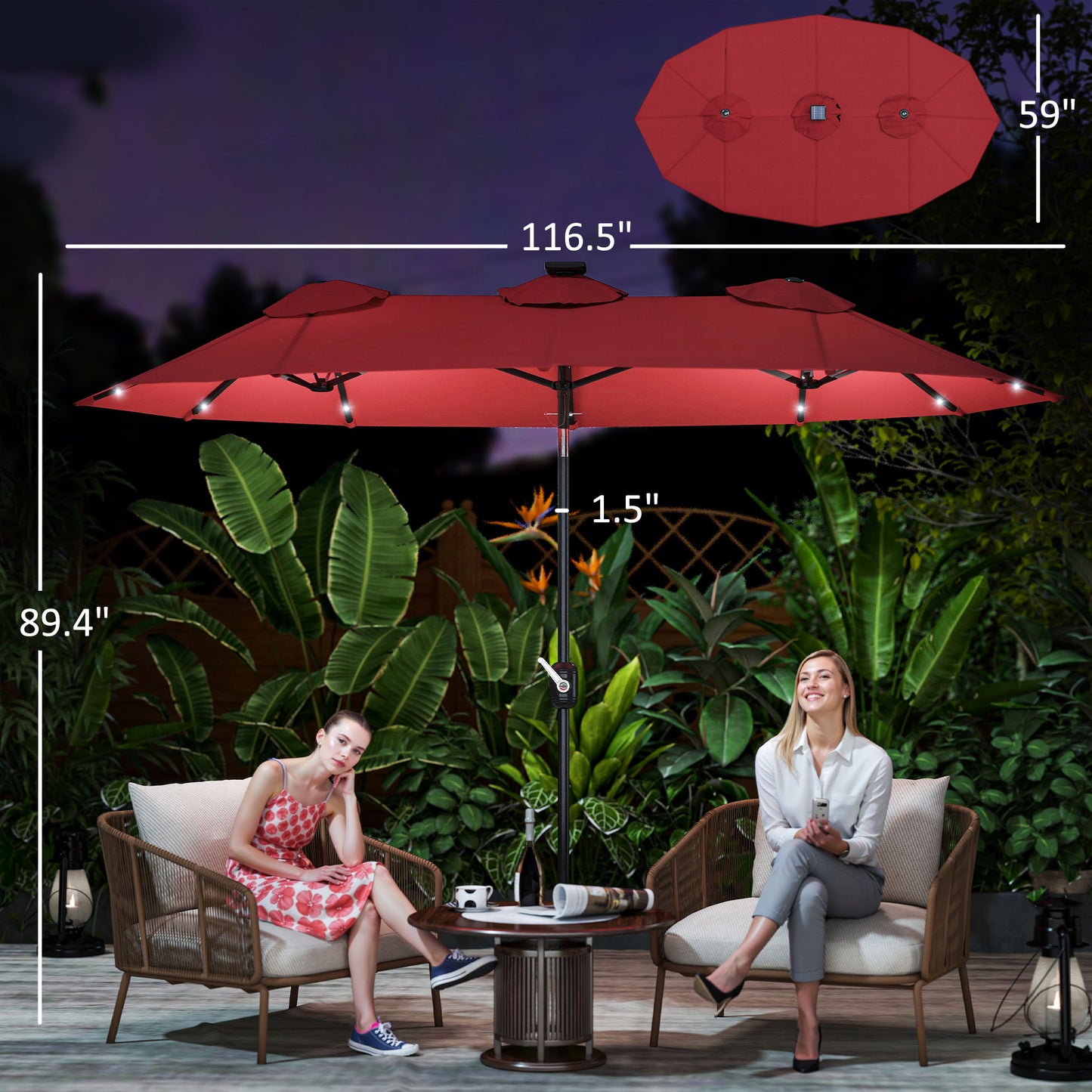 9.7' Double-Sided Patio Umbrella with Solar LED Lights - Wine Red