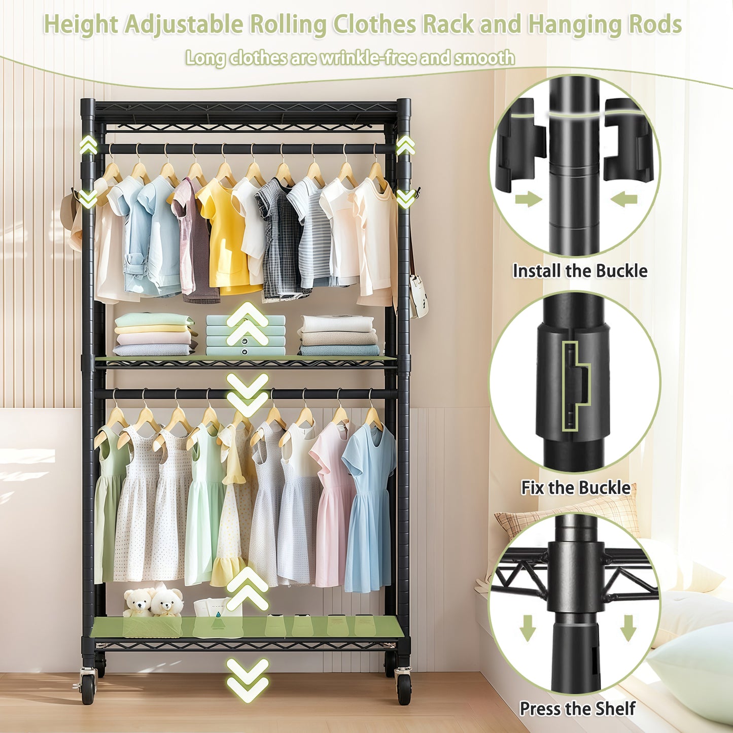 Rolling Clothes Rack, Heavy Duty Rack With Wheels, 3 Tiers Adjustable