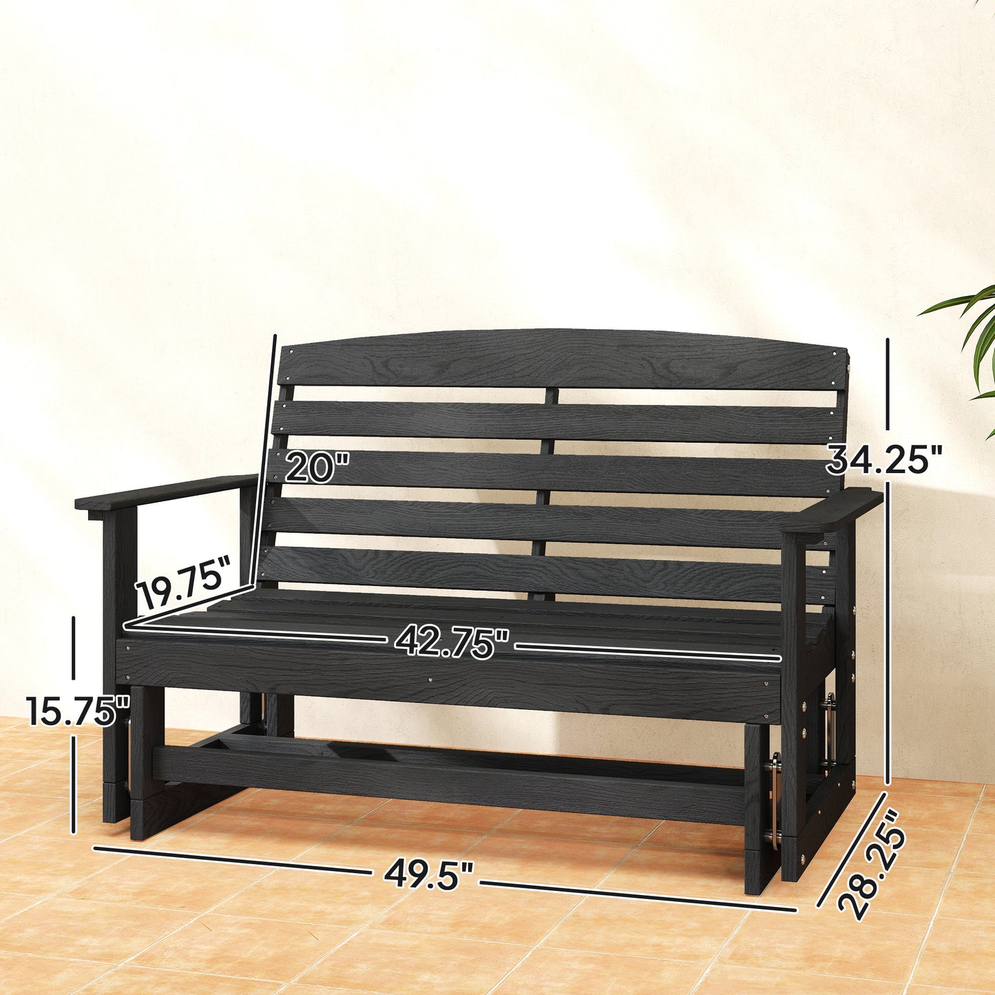 Patio Glider Bench - HDPE Slatted Double Rocking Chair, Distressed Black