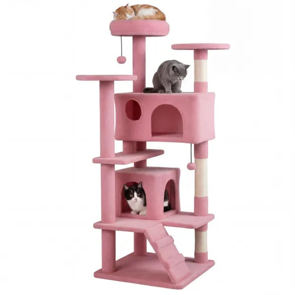 Pink 52-Inch Multi-Cat Cat Tree Tower with Perches, Condos & Scratching Posts