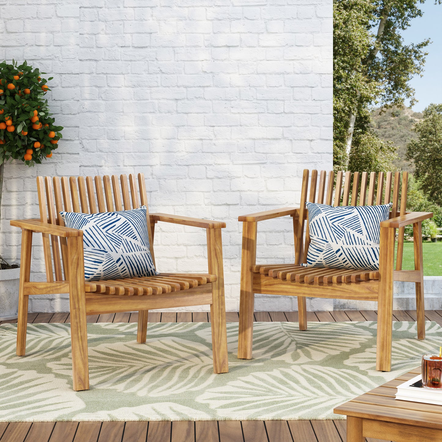 Outdoor Acacia Wood Slatted Club Chairs, Set Of 2, Teak Finish, Wood,