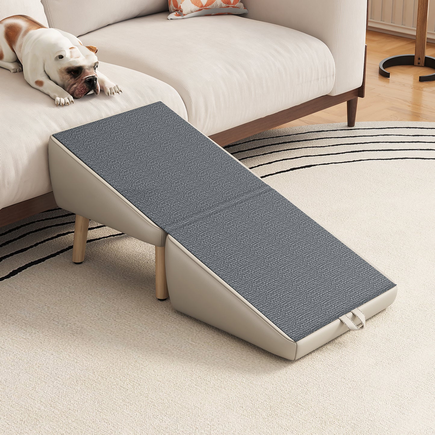 Foldable Wooden Dog Steps for Small Dogs and Cats - Non-Slip Ramp for Couch and Bed, Light Grey