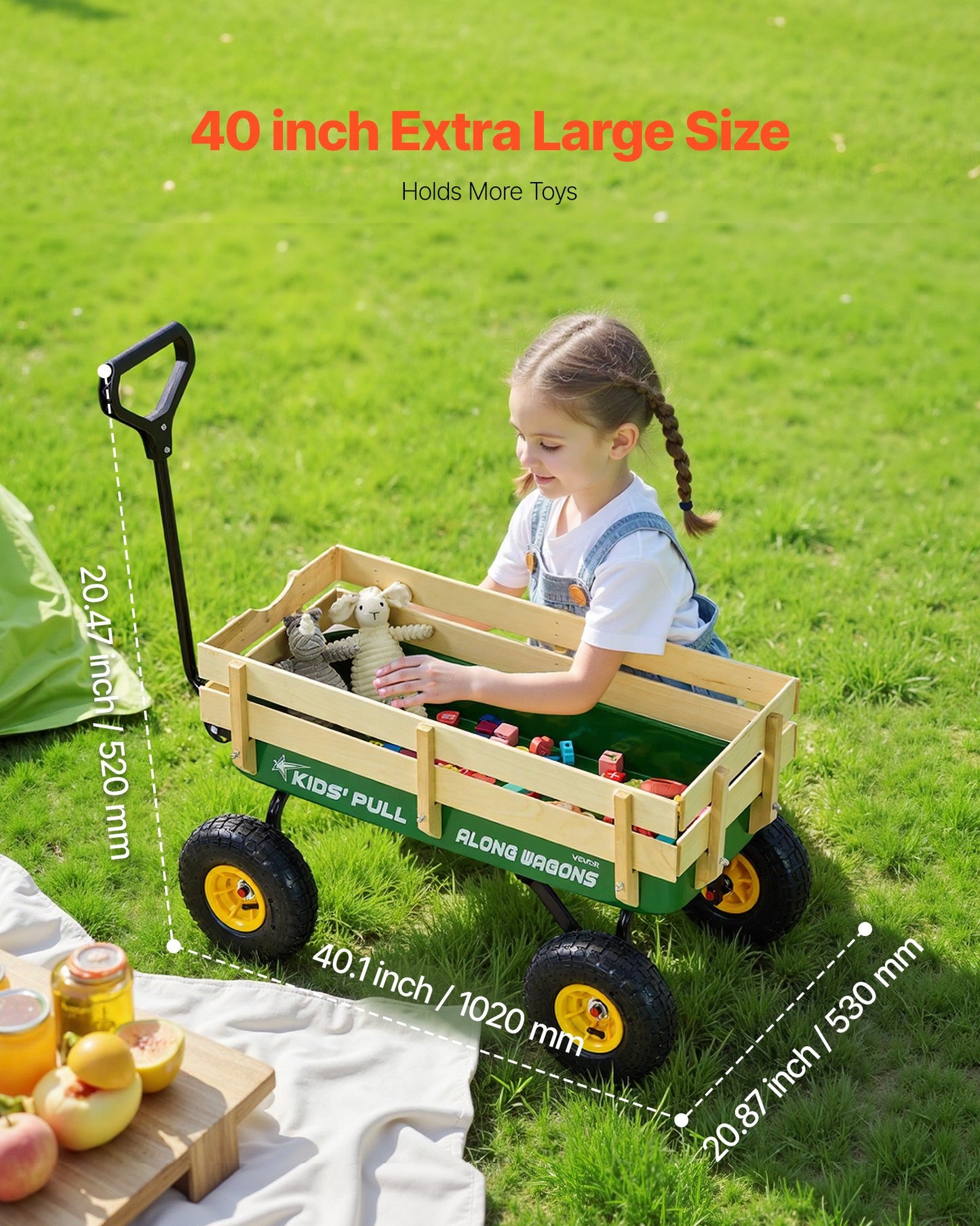 All-Terrain Kids Pull-Along Wagon 39 Inch with Wooden Panels & Heavy Duty Handle