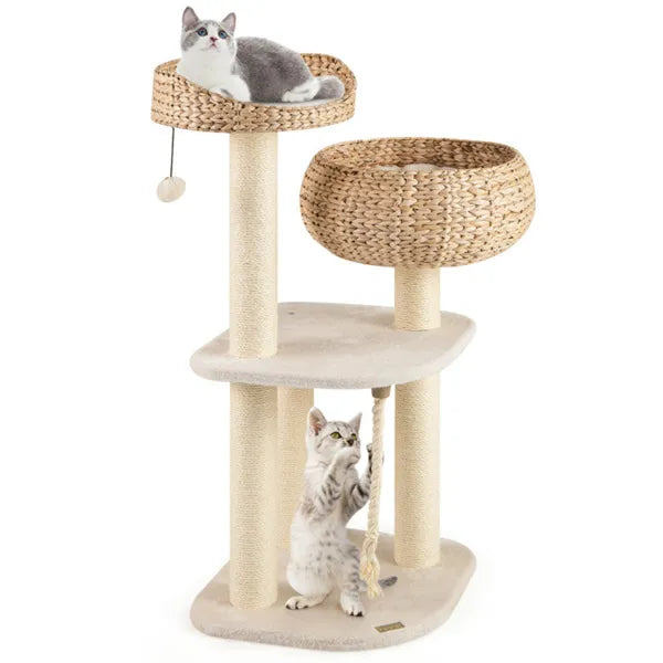 41 Inch Hand-Woven Water Hyacinth Cat Tree with Sisal Scratching Posts - Multi-Level Activity Center for Cats
